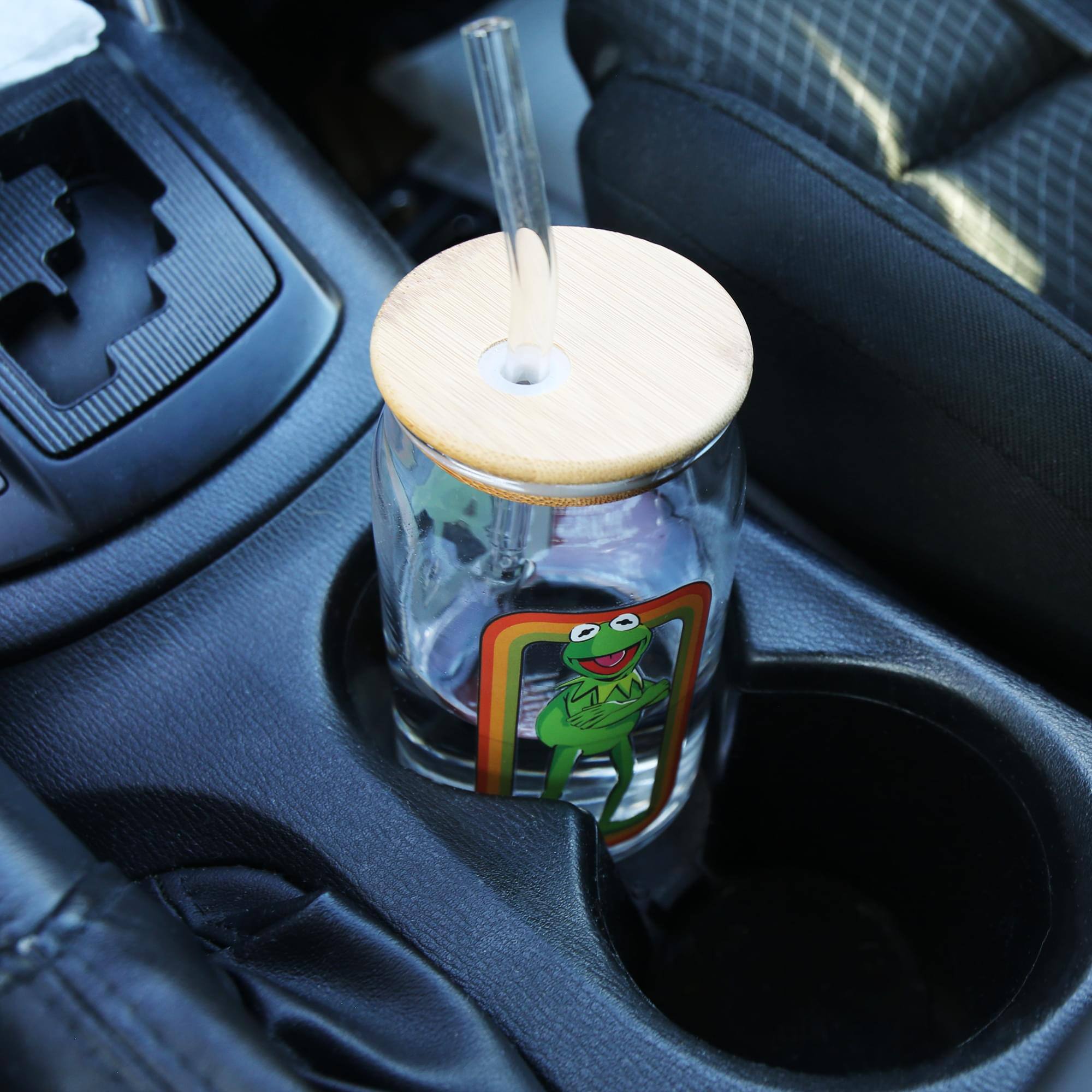 Alt View 5. Silver Buffalo - The Muppets Kermit the Frog 16-Ounce Glass Tumbler With Bamboo Lid and Straw - Green.