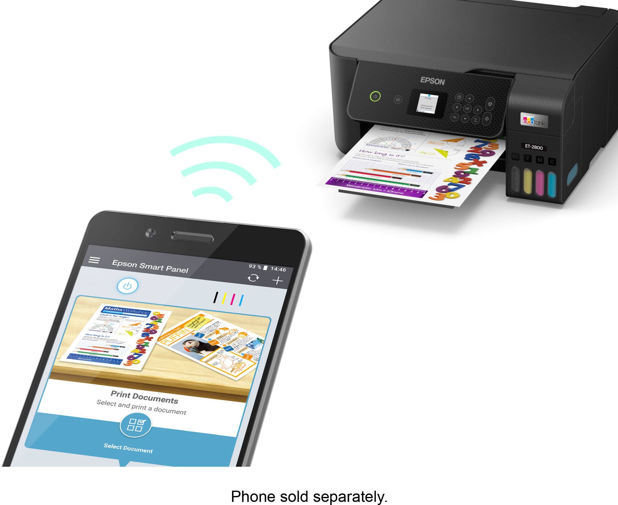 Epson Smart Panel 93 14:46 EPSON . C - - a - atank ET-2800 44 Ema -  Y U D - - 1 Ma i2Noraz - - - - - - PUFFIN - -   Print Documents Select and print a document Phone sold separately.