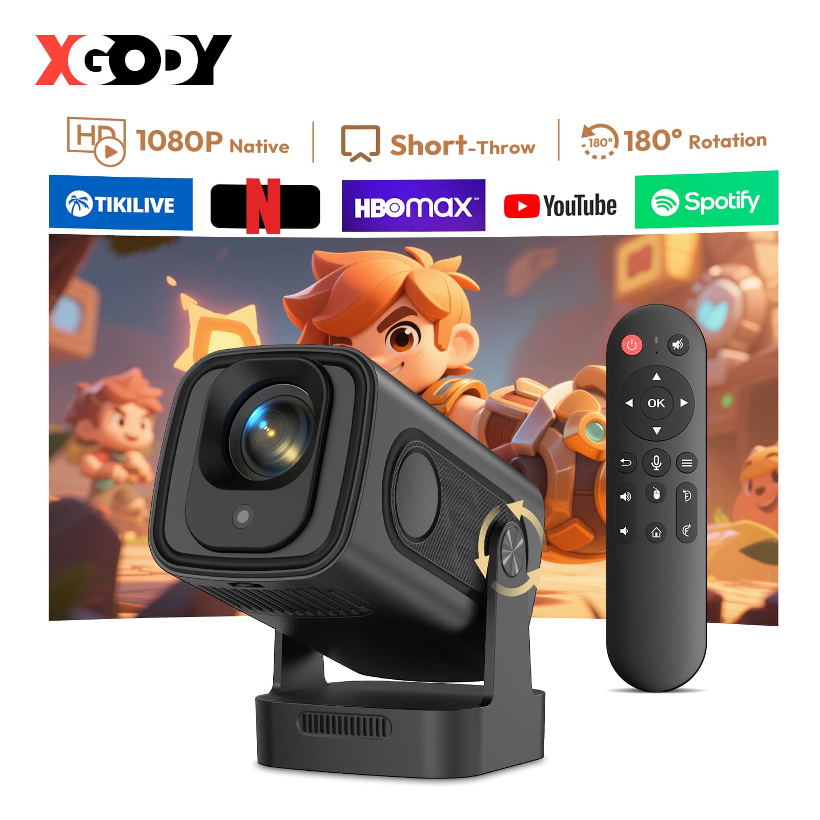 Xgody - Gimbal 5 Pro Portable Smart Projector, Full HD 1080P, 12000 Lumens, 5G WiFi, Android 11 Home Theater - Black