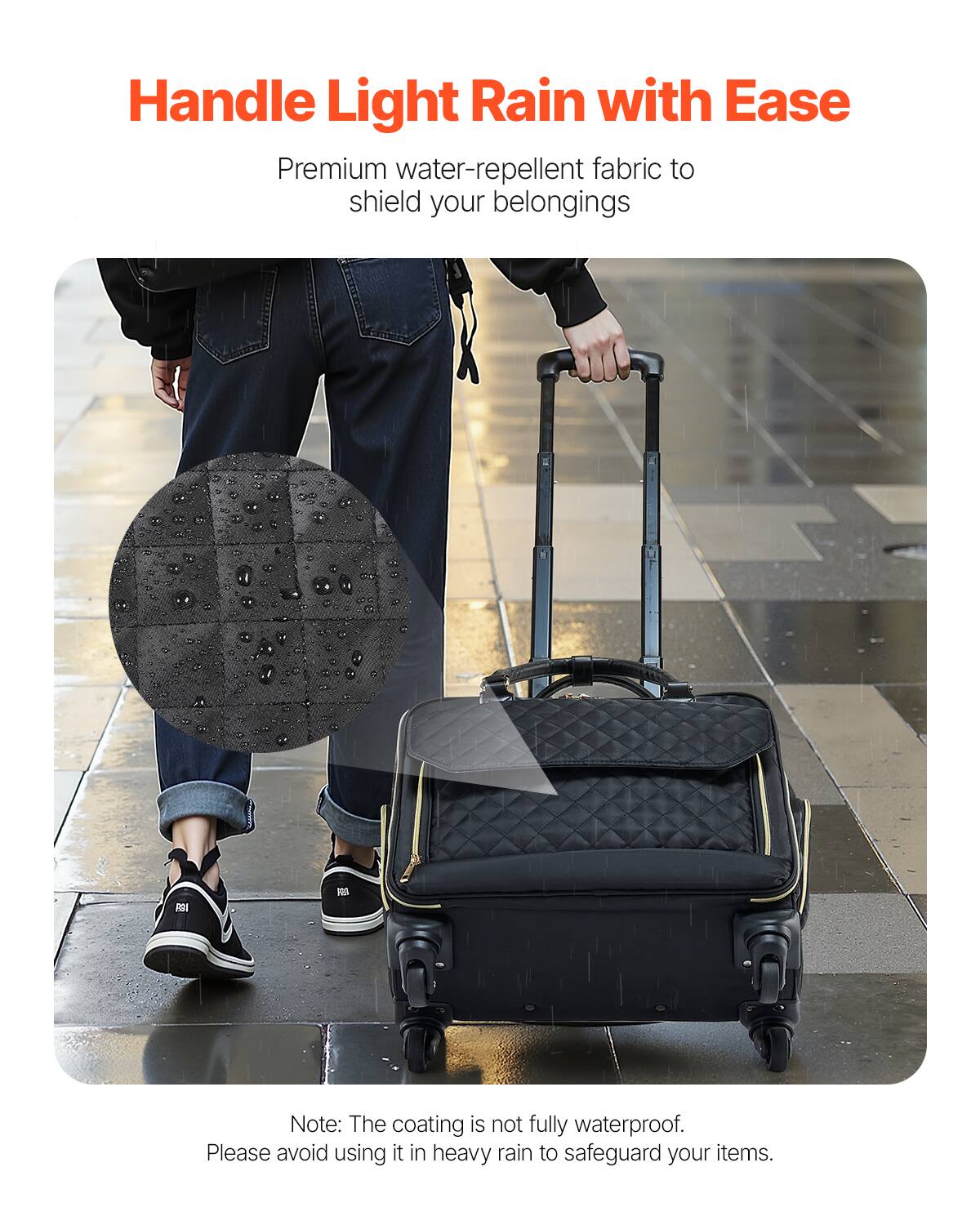Handle Light Rain with Ease

Premium water-repellent fabric to shield your belongings

Note: The coating is not fully waterproof. Please avoid using it in heavy rain to safeguard your items.