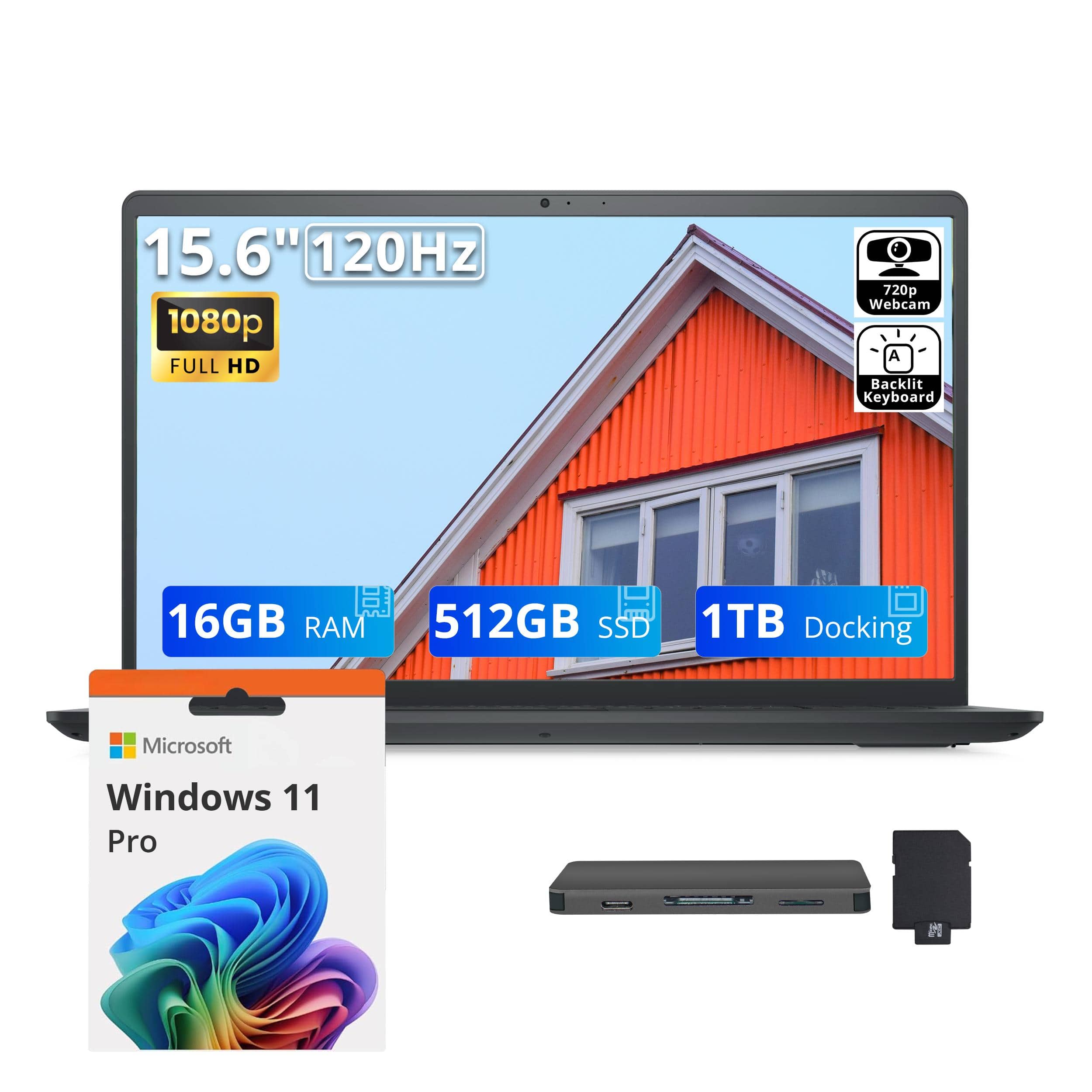 Dell - Upgraded - Inspiron 15 15.6" FHD 120Hz Business Laptop,Ryzen 7 5825U,16GB RAM,512GB SSD+1TB Dock Set,Backlit,Win11 Pro - Black