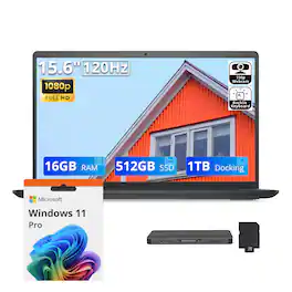 Dell - Upgraded - Inspiron 15 15.6" FHD 120Hz Business Laptop,Ryzen 7 5825U,16GB RAM,512GB SSD+1TB Dock Set,Backlit,Win11 Pro - Black