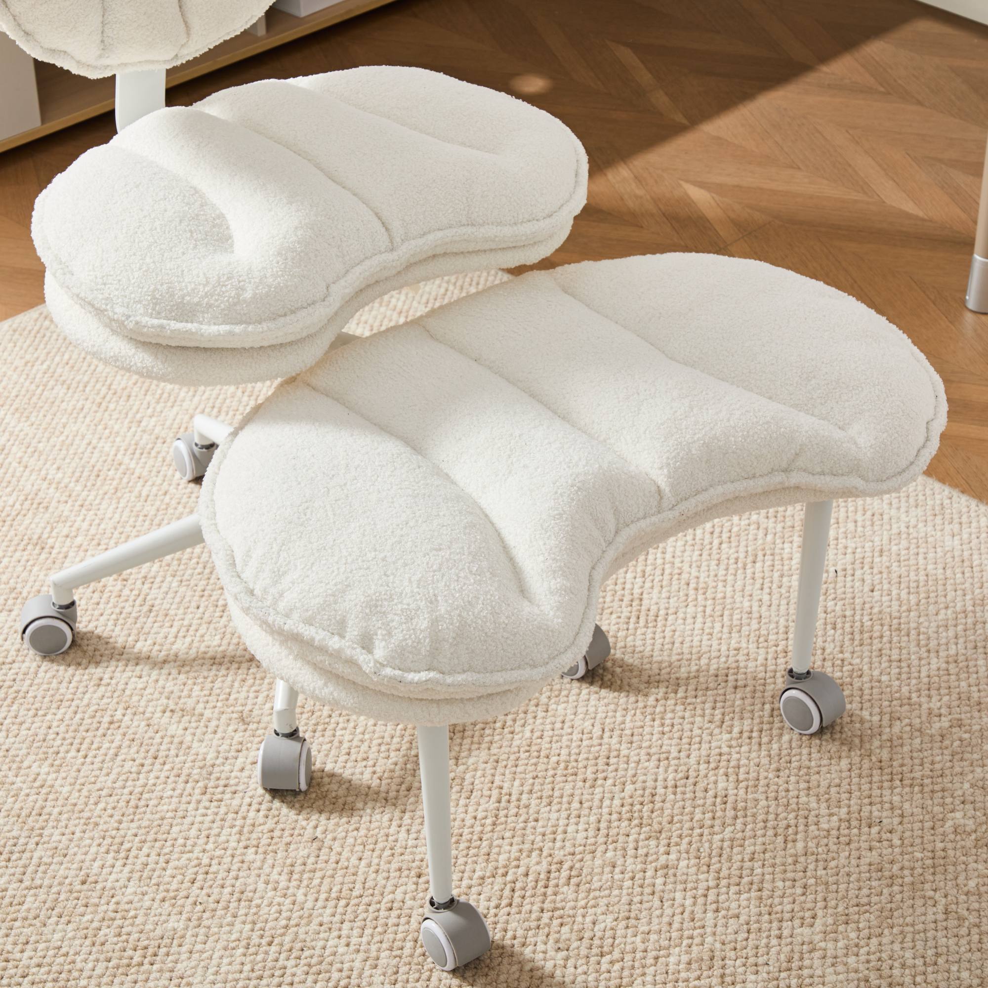 Alt View 2. Aukfa - Meditation Chair Plus - Teddy Fleece Cross-Legged Rolling Chair with Lumbar Support & Adjustable Stool. - Ivory.