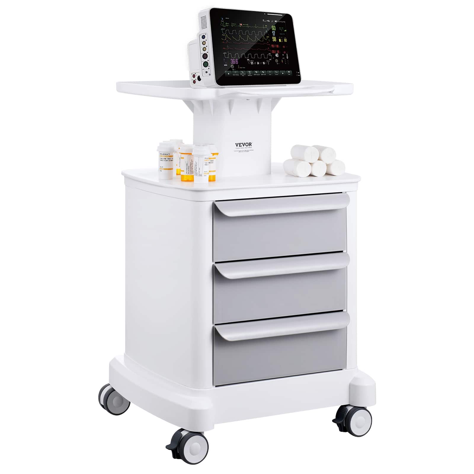VEVOR - 4 Tiers Lab Carts, Lab Utility Cart with 3 Drawers & 1 Top Tray, Mobile Medical Cart with ABS Material, 4 Silent Wheels - White
