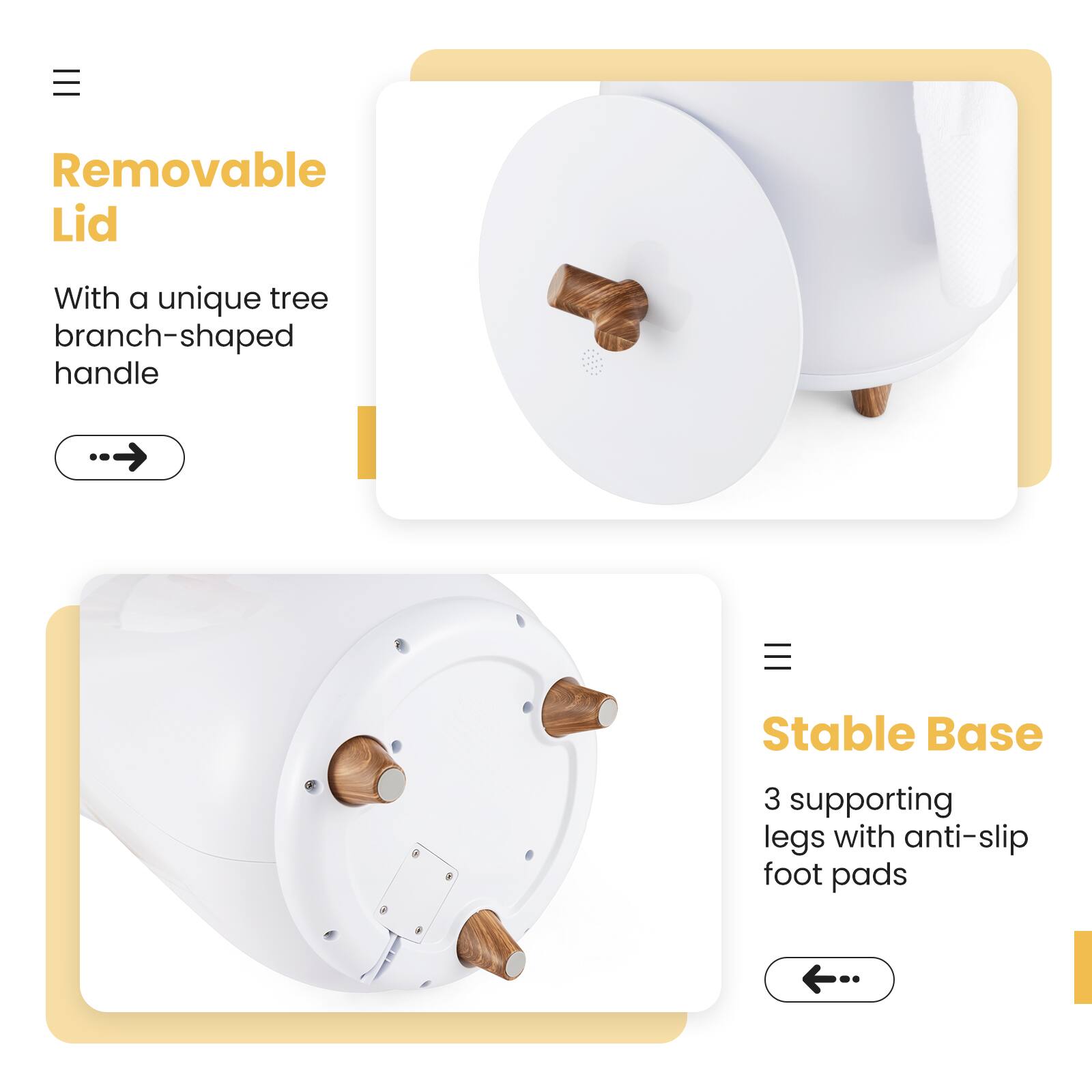 Removable Lid: A unique tree branch-shaped handle. Stable Base: 3 supporting legs with anti-slip foot pads.