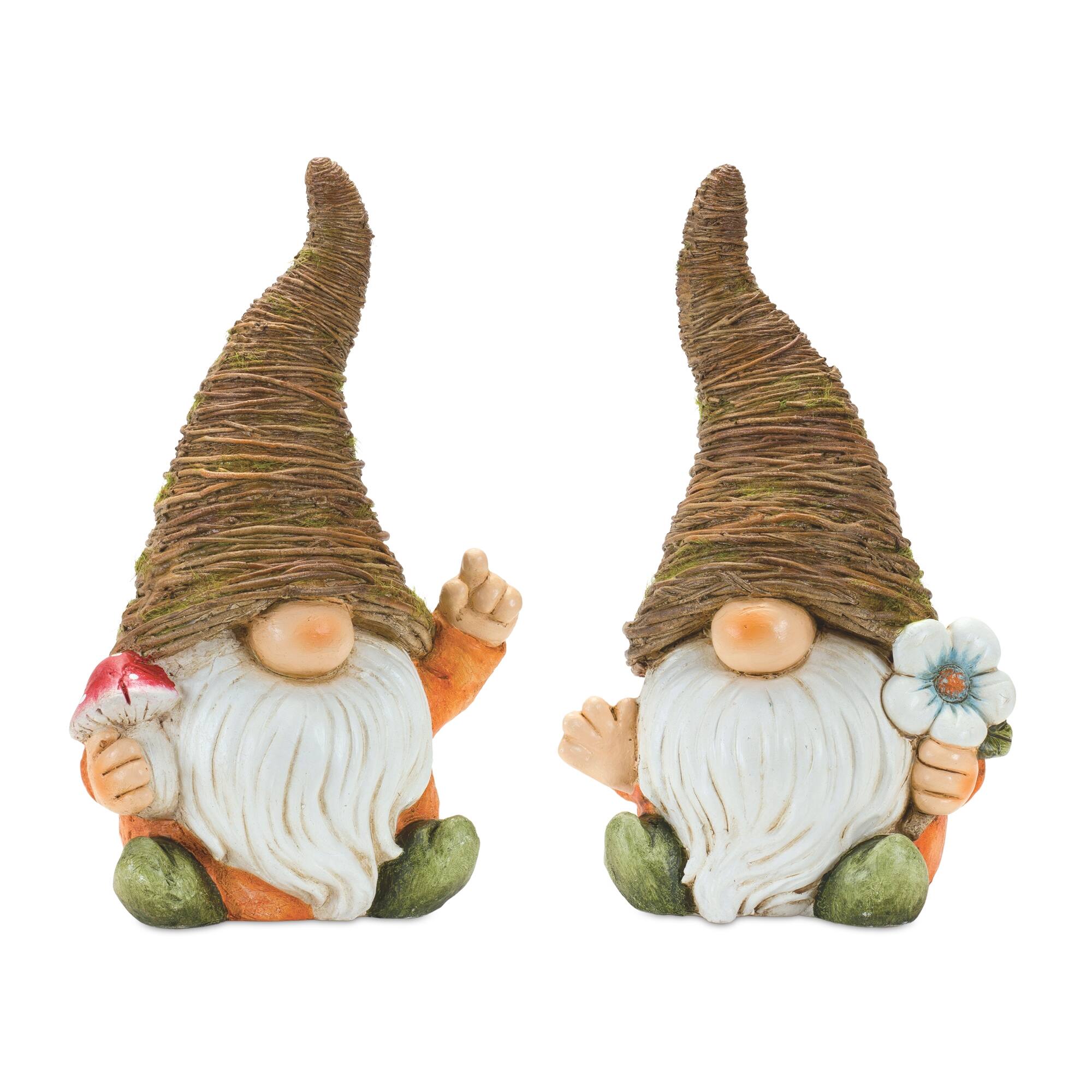 Front. BreeBe - Distressed Garden Gnome Statue with Mushroom and Flower Accent (Set of 2) - Multicolor.
