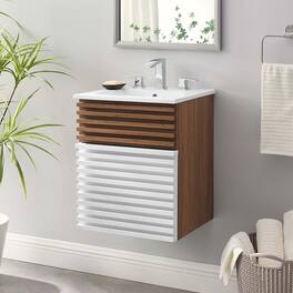 Modway - Render Wall-Mount Bathroom Vanity with White Basin Included - White Walnut White