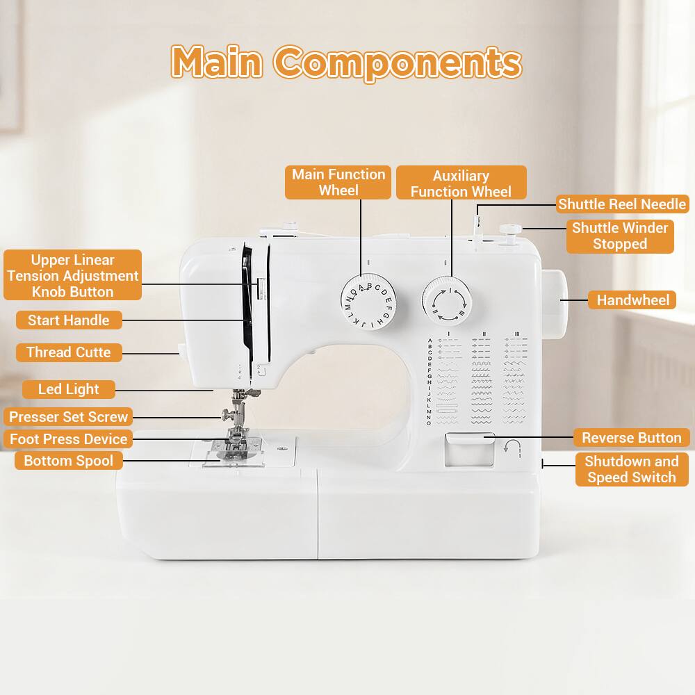 Main Components

Main Function Wheel
Auxiliary Function Wheel
Shuttle Reel Needle
Shuttle Winder Stopped
Handwheel
Upper Linear Tension Adjustment Knob Button
Start Handle
Thread Cutter
Led Light
Presser Set Screw
Foot Press Device
Bottom Spool
Reverse Button
Shutdown and Speed Switch