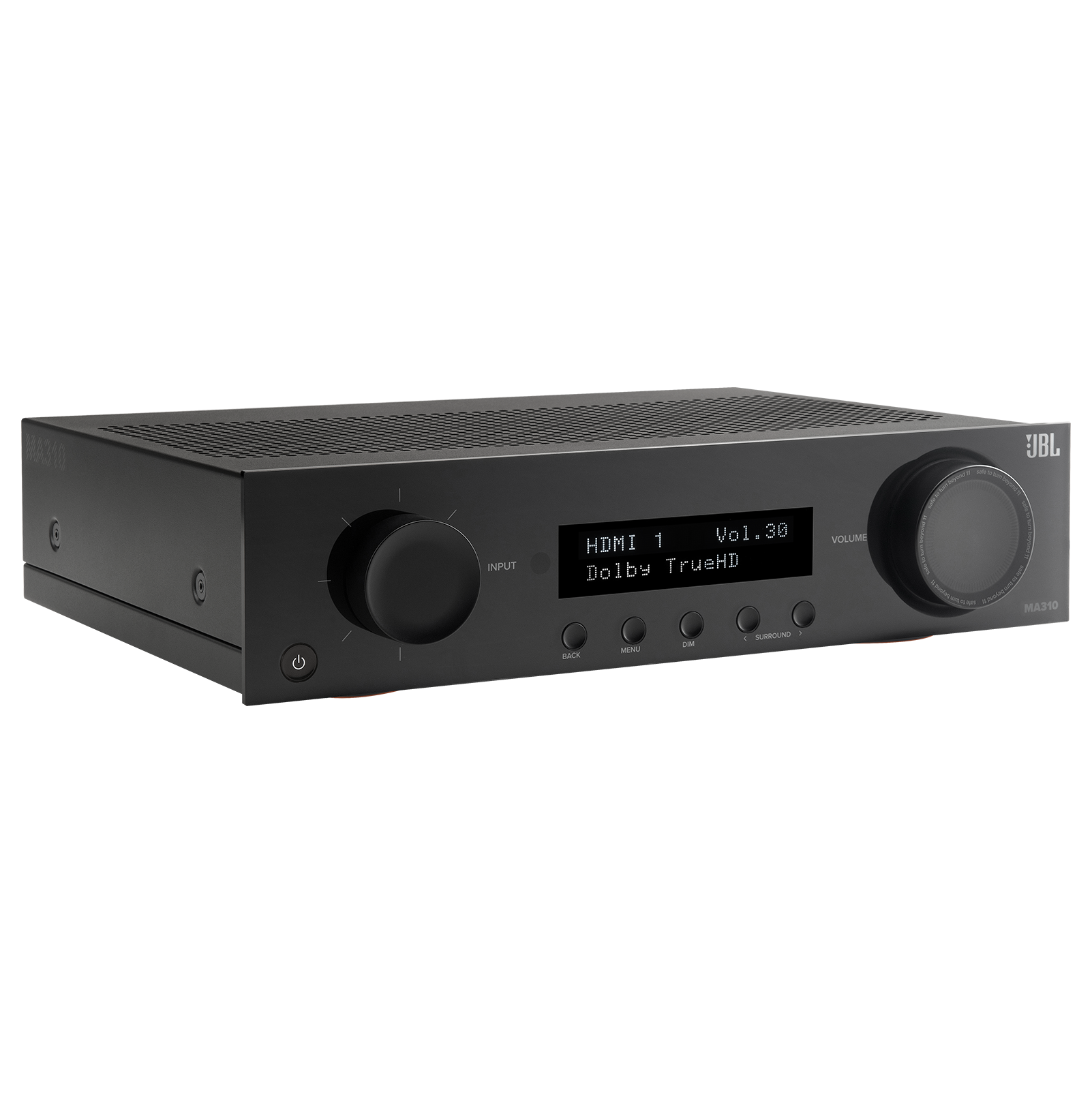 The text on the image reads: "Masio UBL i i INPUT Vol.30 30 HDMI 1 Dolby TrueHD SURROUND - Lare DALE VOLUME Soant MA3SO."