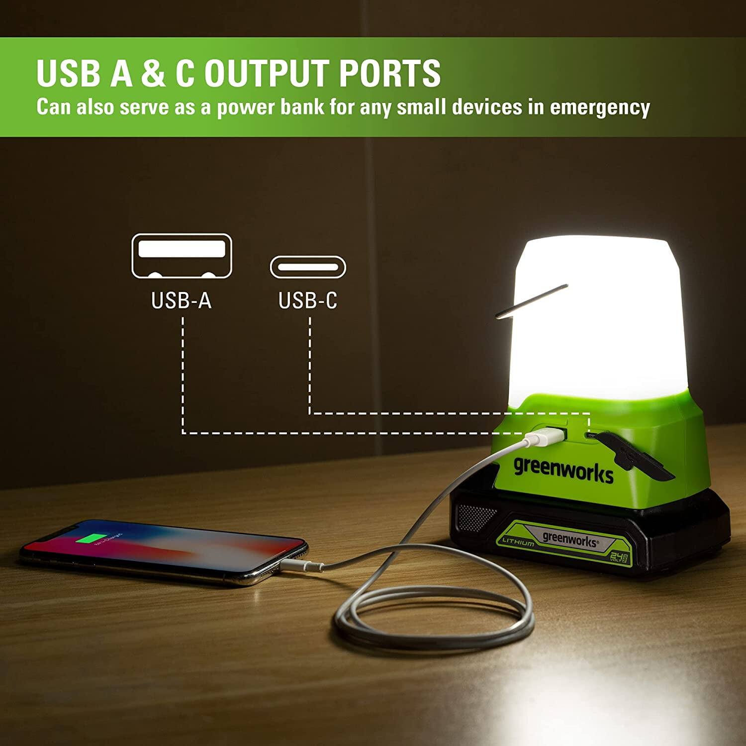 USB A & C OUTPUT PORTS  
Can also serve as a power bank for any small devices in emergency  

USB-A  
USB-C  

greenworks  
LITHIUM