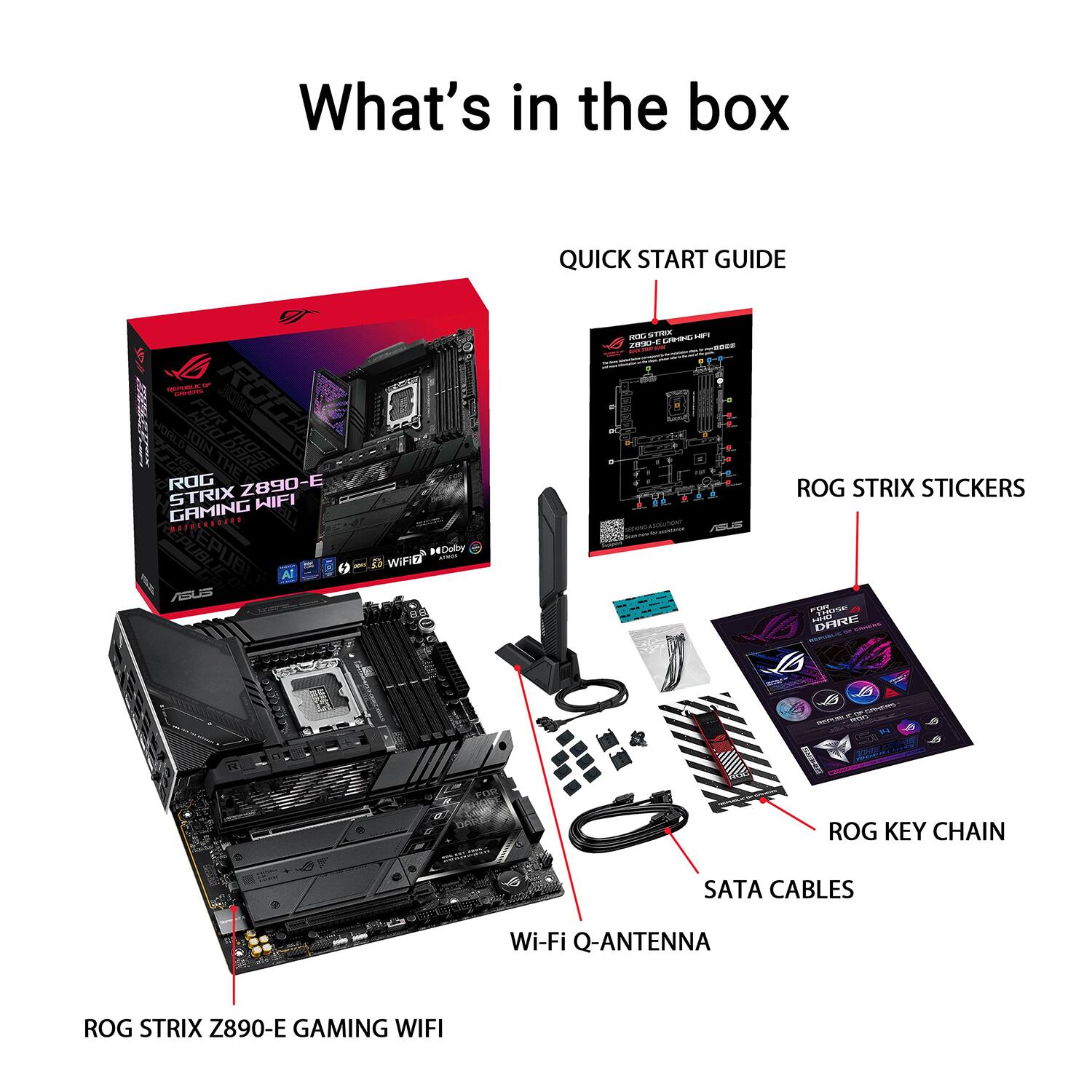 What's in the box

- QUICK START GUIDE
- ROG STRIX STICKERS
- ROG KEY CHAIN
- SATA CABLES
- Wi-Fi Q-ANTENNA
- ROG STRIX Z890-E GAMING WIFI