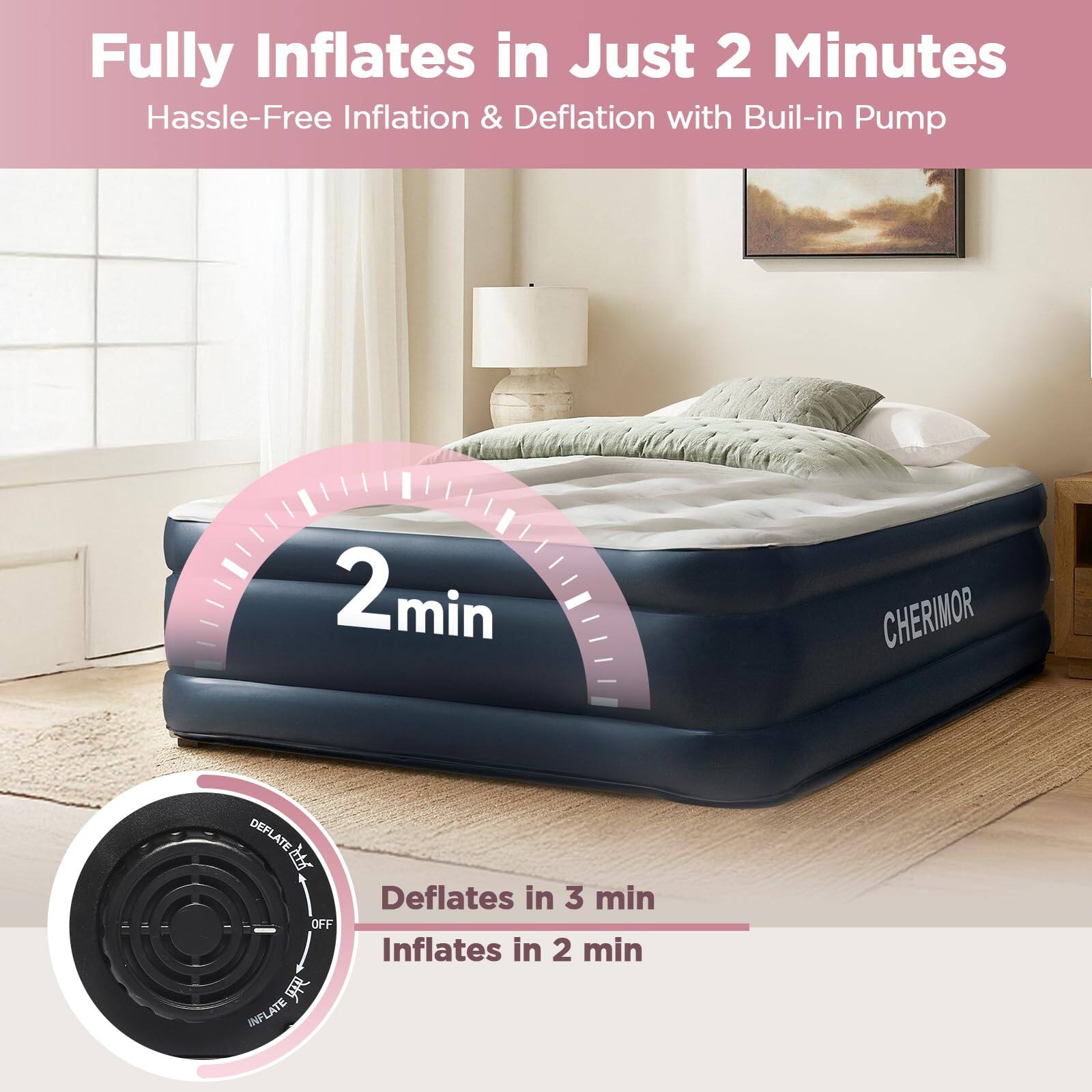 Fully Inflates in Just 2 Minutes  
Hassle-Free Inflation & Deflation with Built-in Pump

2 min

CHERIMOR

Deflates in 3 min  
OFF  
Inflates in 2 min