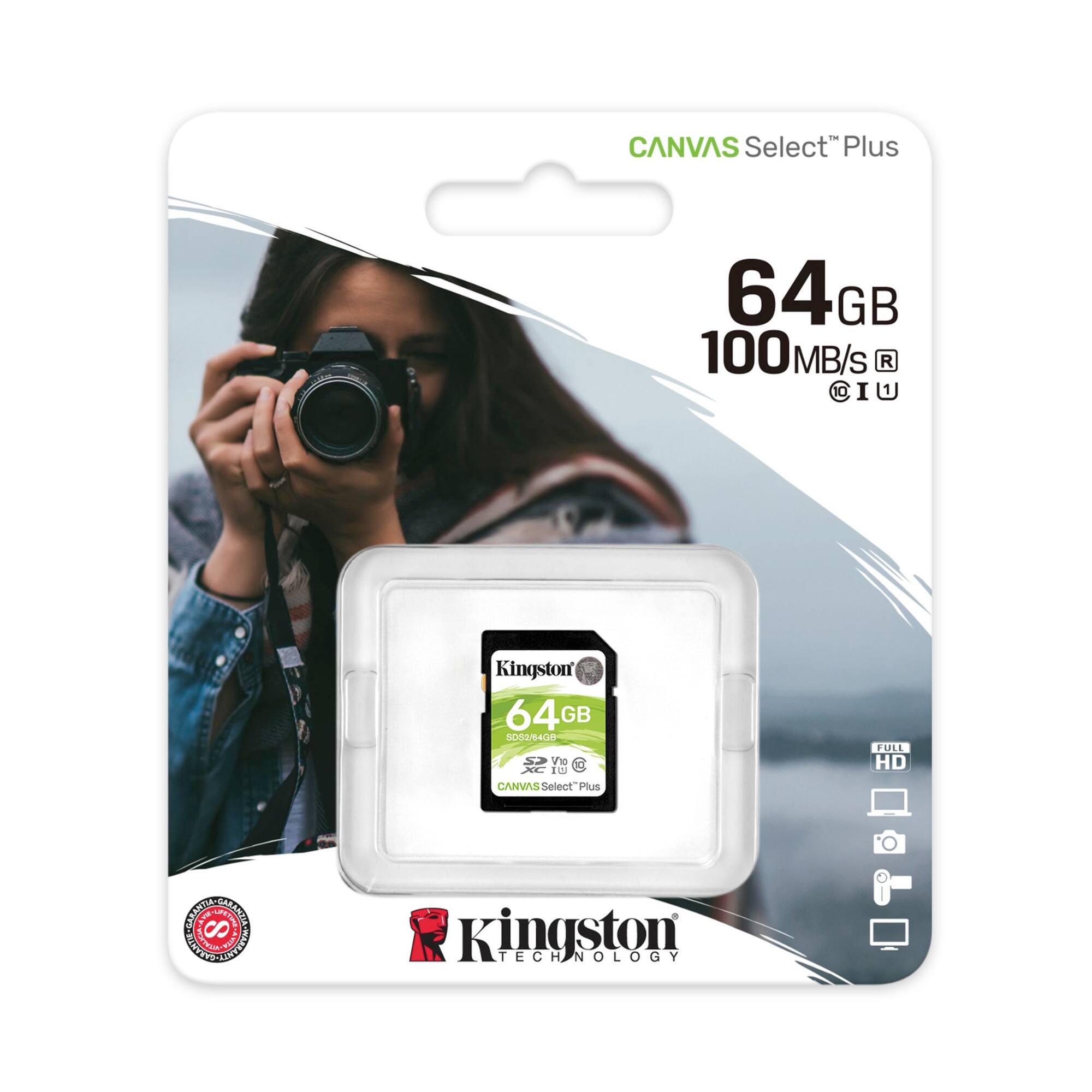 CANVAS Select Plus  
64GB  
100MB/s  
R  
@ I U  

Kingston  
64GB  
SDS8G400  
CANVAS Select Plus  

Kingston Technology