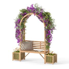 Costway - Garden Bench Arbor Arch with Love Seat 2 Trellises & Planting Box to Grow Grapes - Beige