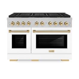 ZLINE - Autograph 48 in. 6.7 cu. ft. Freestanding Paramount Gas DuoPro Range in Satin Steel with White Doors & Gold Accents - White Matte
