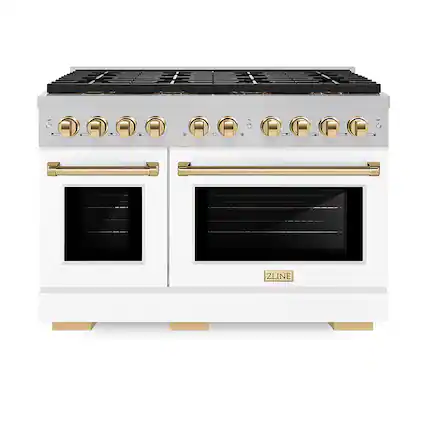 Front. ZLINE - Autograph 48 in. 6.7 cu. ft. Freestanding Paramount Gas DuoPro Range in Satin Steel with White Doors & Gold Accents - White Matte.