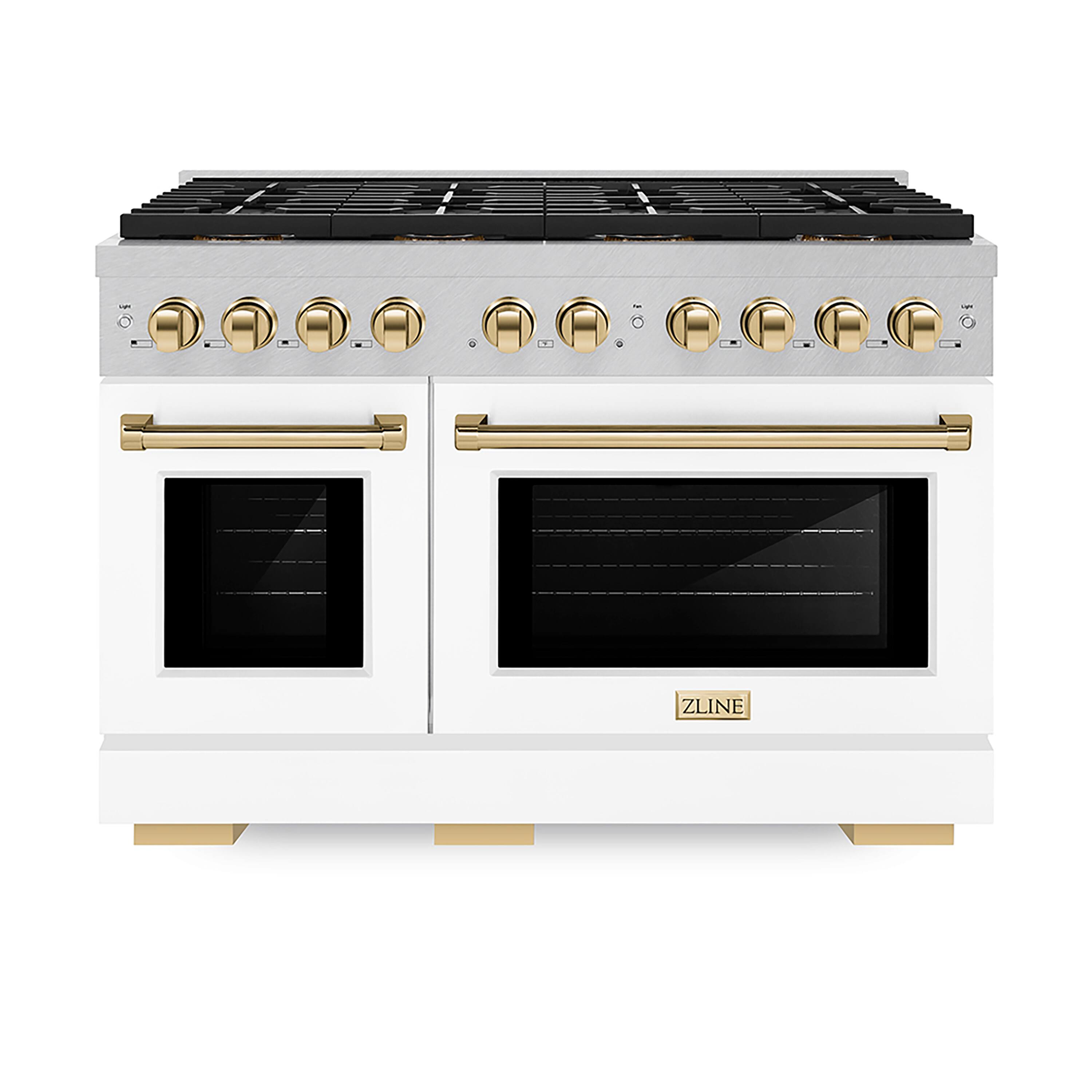 Front. ZLINE - Autograph 48 in. 6.7 cu. ft. Freestanding Paramount Gas DuoPro Range in Satin Steel with White Doors & Gold Accents - White Matte.