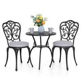 Nuu Garden - 3-Piece Cast Aluminum Outdoor Bistro Set with Gray Cushions, 24-Inch Round Table and 2 Armless Chairs - Black and Gray