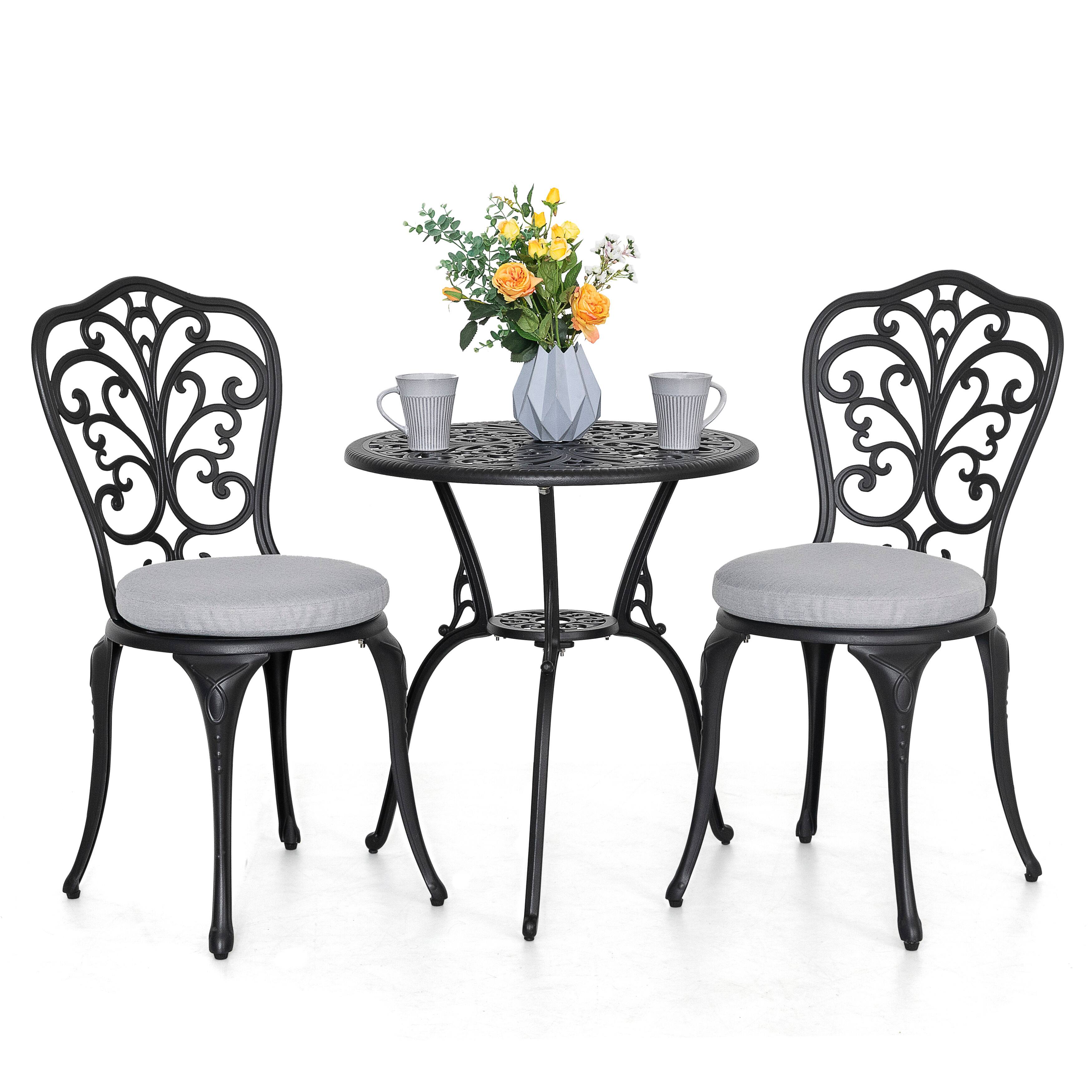 Front. Nuu Garden - 3-Piece Cast Aluminum Outdoor Bistro Set with Gray Cushions, 24-Inch Round Table and 2 Armless Chairs - Black and Gray.