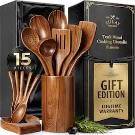 Zulay Kitchen - 15-Piece Teak Wooden Utensil Set with Gift Box, Comfortable Grip Wooden Utensil Set - Brown