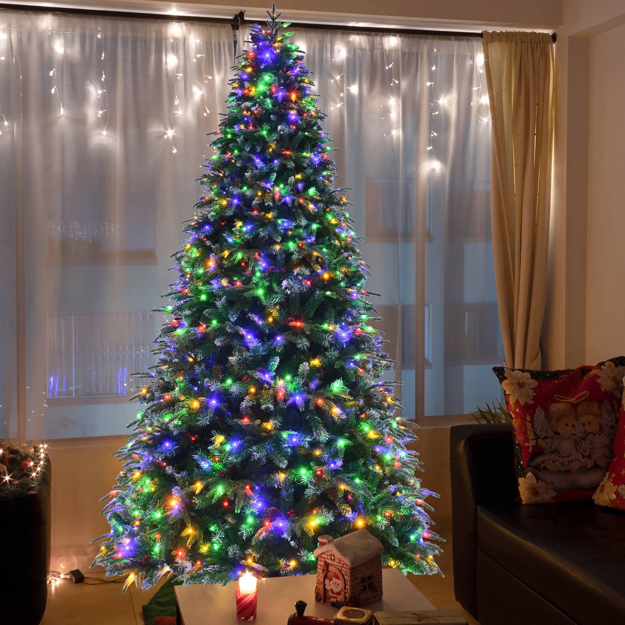Alt View 14. Costway - 9ft Pre-Lit Snowy Christmas Hinged Tree 11 Flash Modes w/ 780 Multi-Color Lights - Green/White.