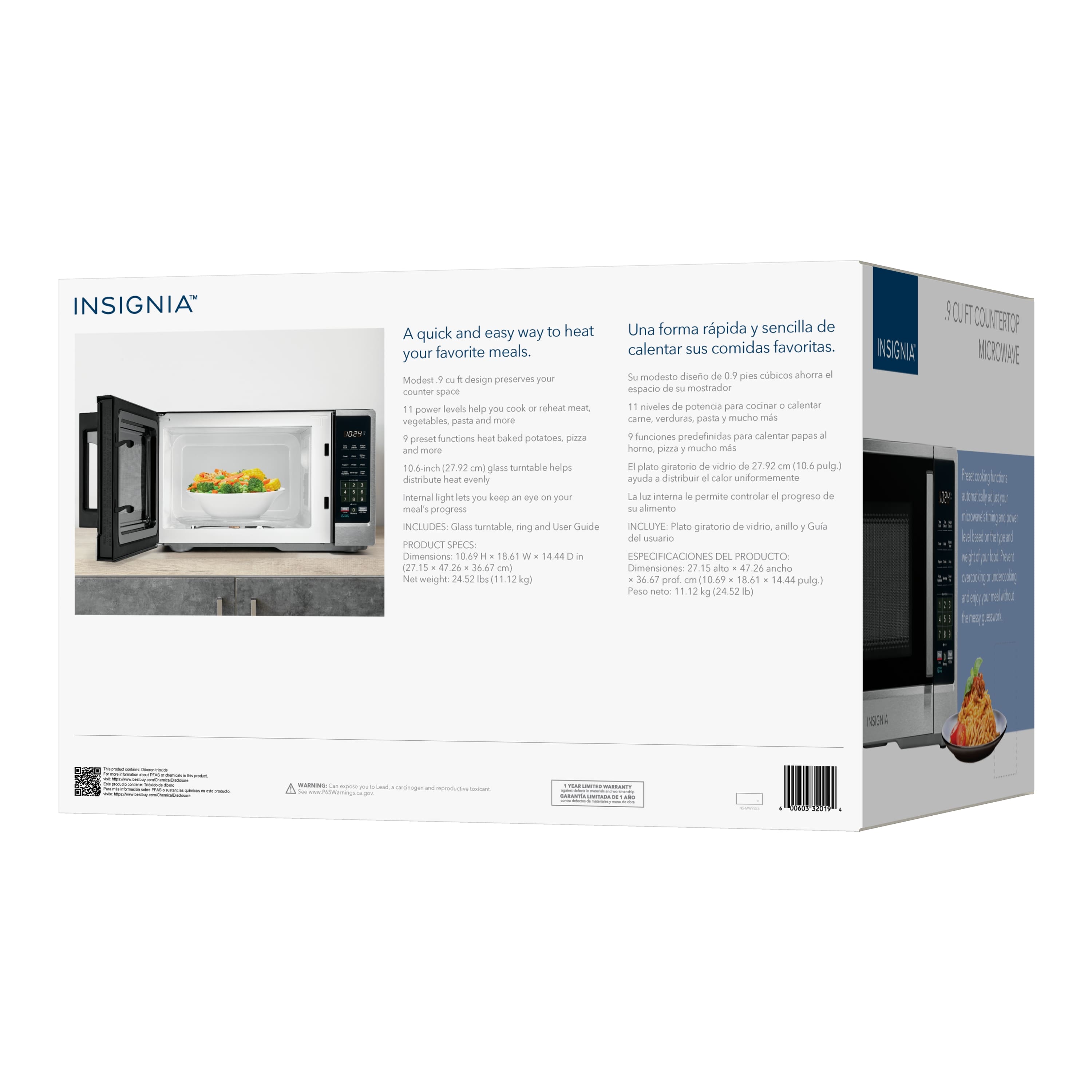 **INSIGNIA™**
**A quick and easy way to heat your favorite meals.**
- Modern, 0.9 cu. ft. design preserves your counter space
- 11 power levels help you cook or reheat meat, vegetables, pasta and more
- 9 preset functions heat baked potatoes, pizza, and more
- 10.6 in. (27.92 cm) glass turntable distributes heat evenly
- Internal lights let you keep an eye on your food
- Includes: Glass turntable, ring and User Guide
**PRODUCT SPECS:**
- Dimensions: 10.69 H x 18.61 W x 14.48 D in. (27.15 H x 47.26 W x 36.77 D cm)
- Net weight: 24.8 lb (11.25 kg)
---
**Una forma rápida y sencilla de calentar sus comidas favoritas.**
- Su diseño compacto de 0.9 pies cúbicos ahorra espacio en su mostrador
- 11 niveles de potencia para cocinar o calentar carne, verduras,