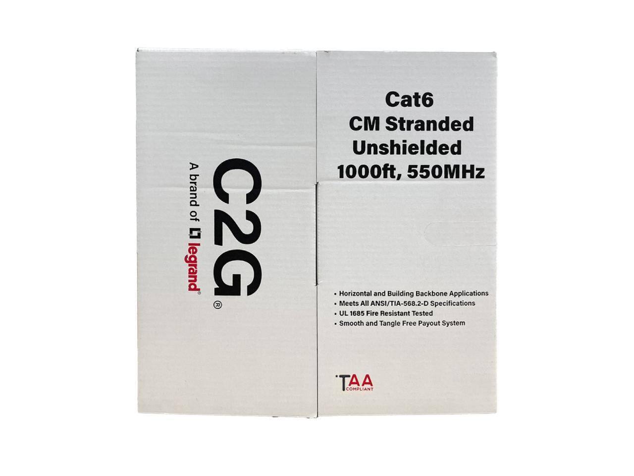 A brand of legrand G C2G  
Cat6 CM Stranded Unshielded 1000ft, 550MHz  
Horizontal and Building Backbone Applications  
Meets All ANSI/TIA-568.2-D Specifications  
UL 1685 Fire Resistant Tested  
Smooth and Tangle Free Payout System  
TAA COMPLIANT