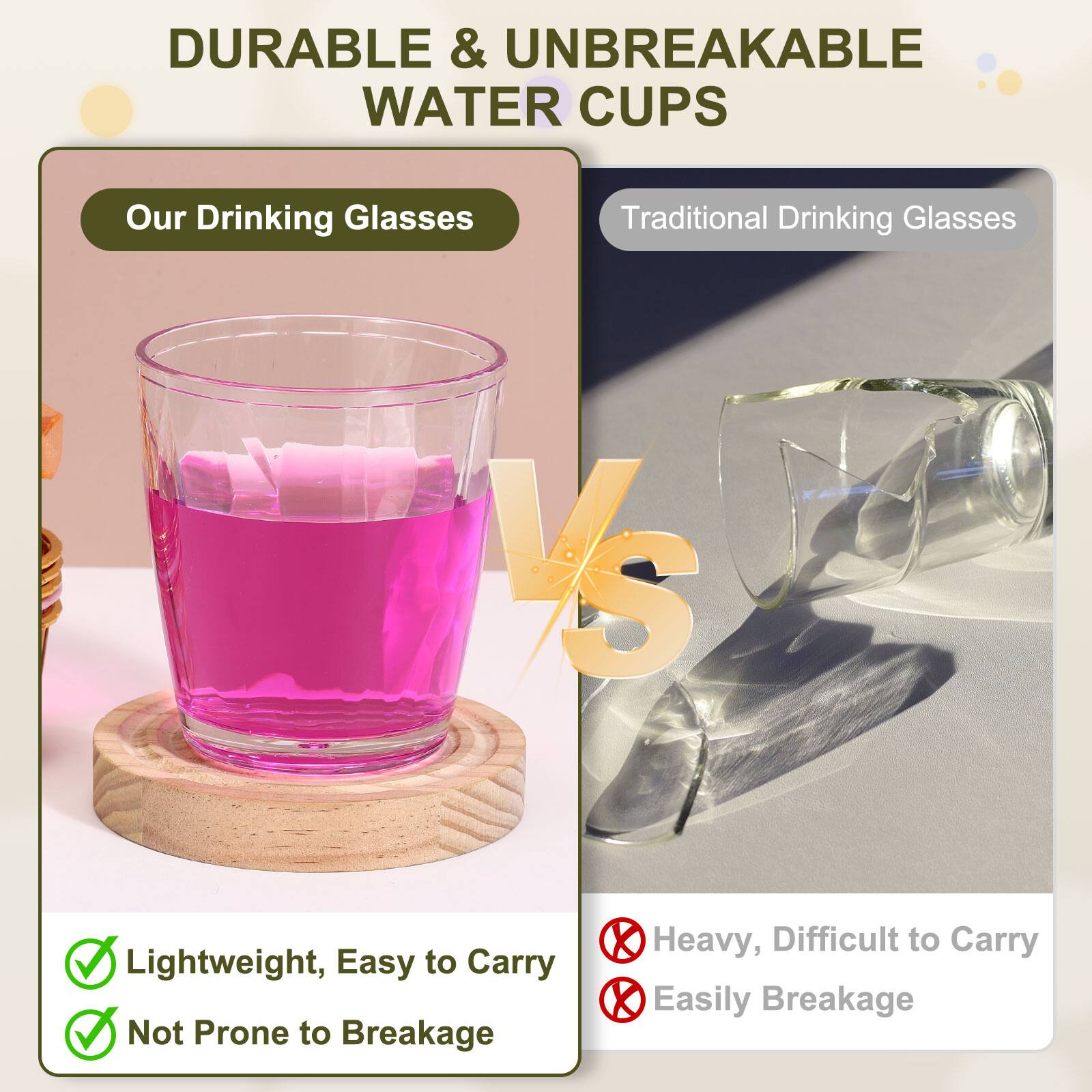 DURABLE & UNBREAKABLE WATER CUPS

Our Drinking Glasses VS Traditional Drinking Glasses

Lightweight, Easy to Carry
Not Prone to Breakage

Heavy, Difficult to Carry
Easily Breakage