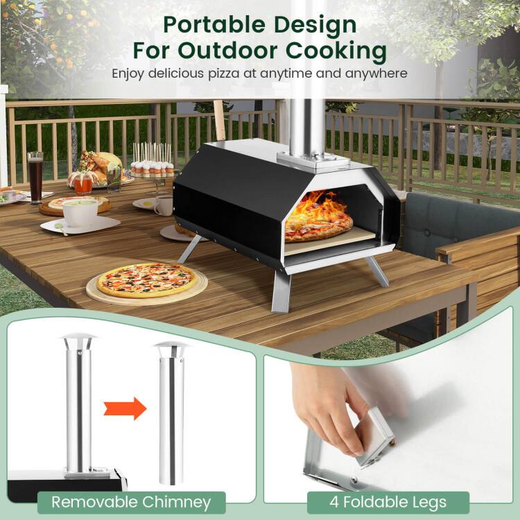 Portable Design For Outdoor Cooking  
Enjoy delicious pizza at anytime and anywhere  
Removable Chimney  
4 Foldable Legs