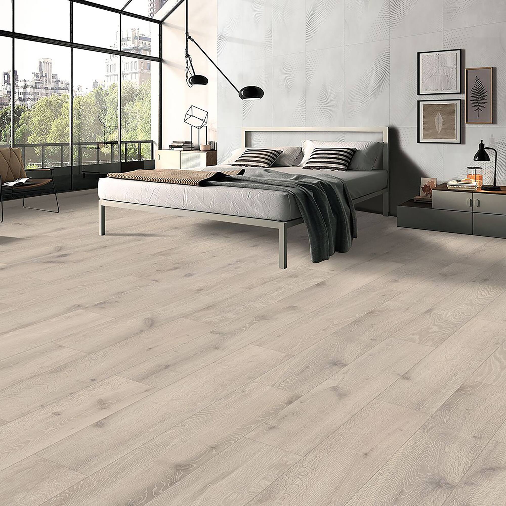Angle. Dotfloor - Superoak SEKET Laminate Flooring - 48"x7.7" Planks, 8 Planks/Box (20.56 sq ft/Box), 12mm Thick, AC4 Wear Rating - Riftwood Knot.
