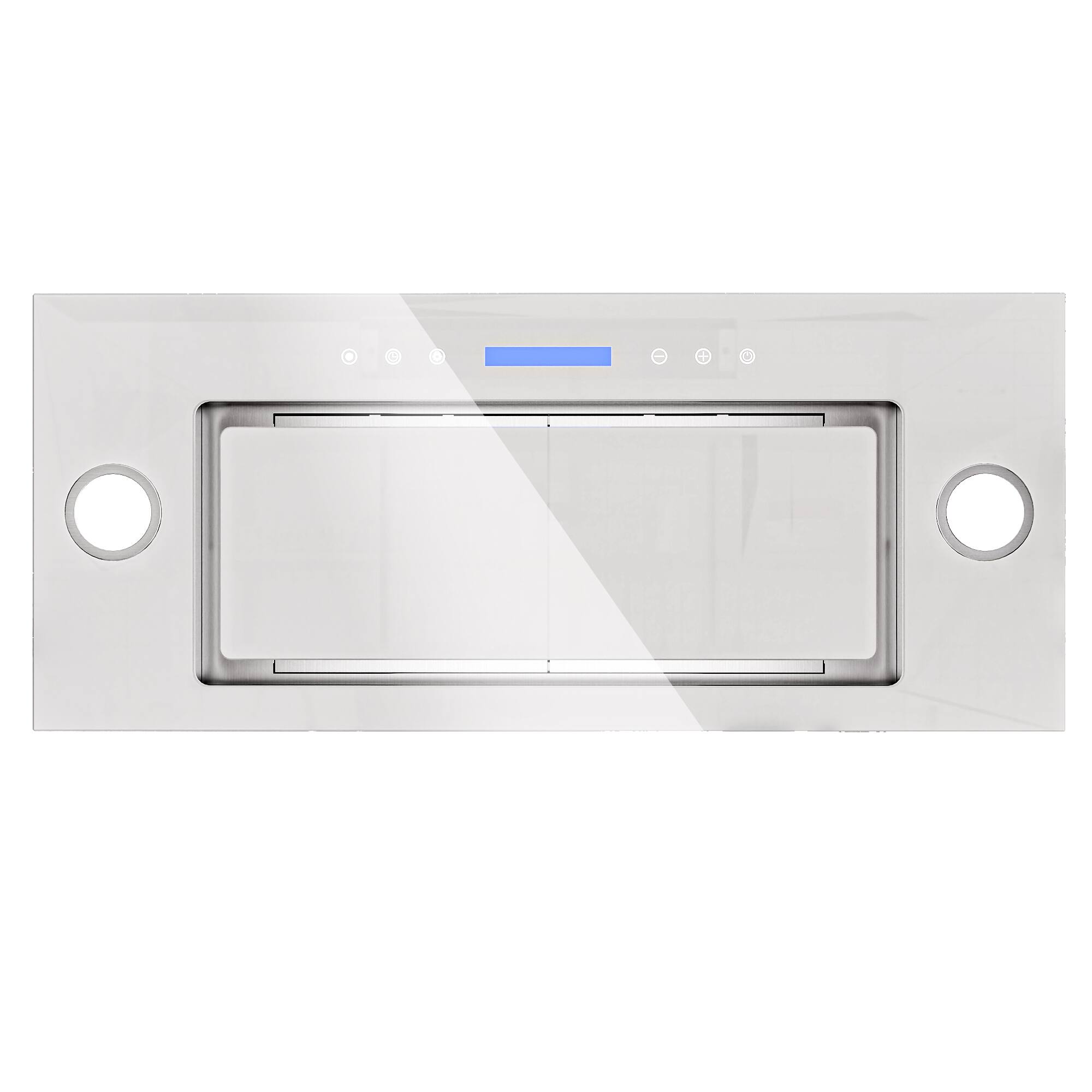 Angle. Onefly - 30 inches - Convertible - Insert Range Hood - White Tempered Glass.