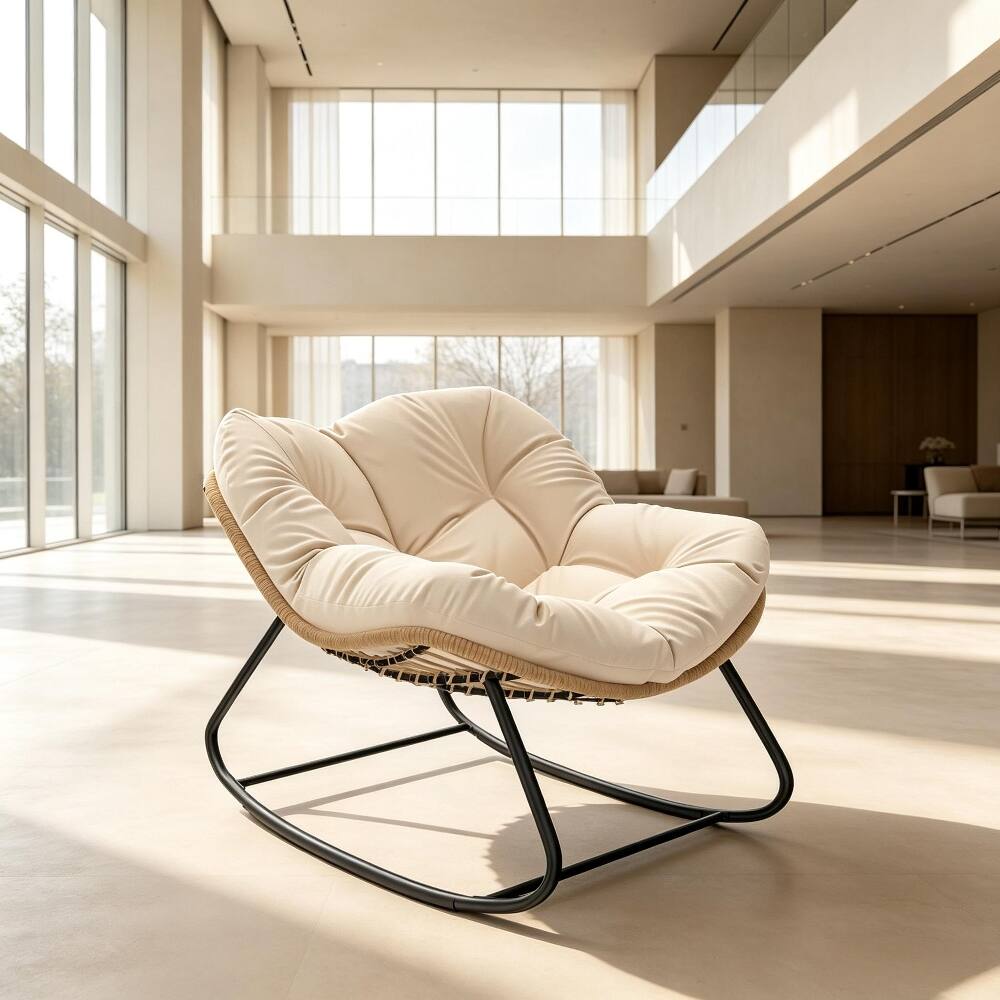 Alt View 3. Loheer - Loheer Rocking Egg Chair Oversized Papasan Chair with Cushion - Cream White.