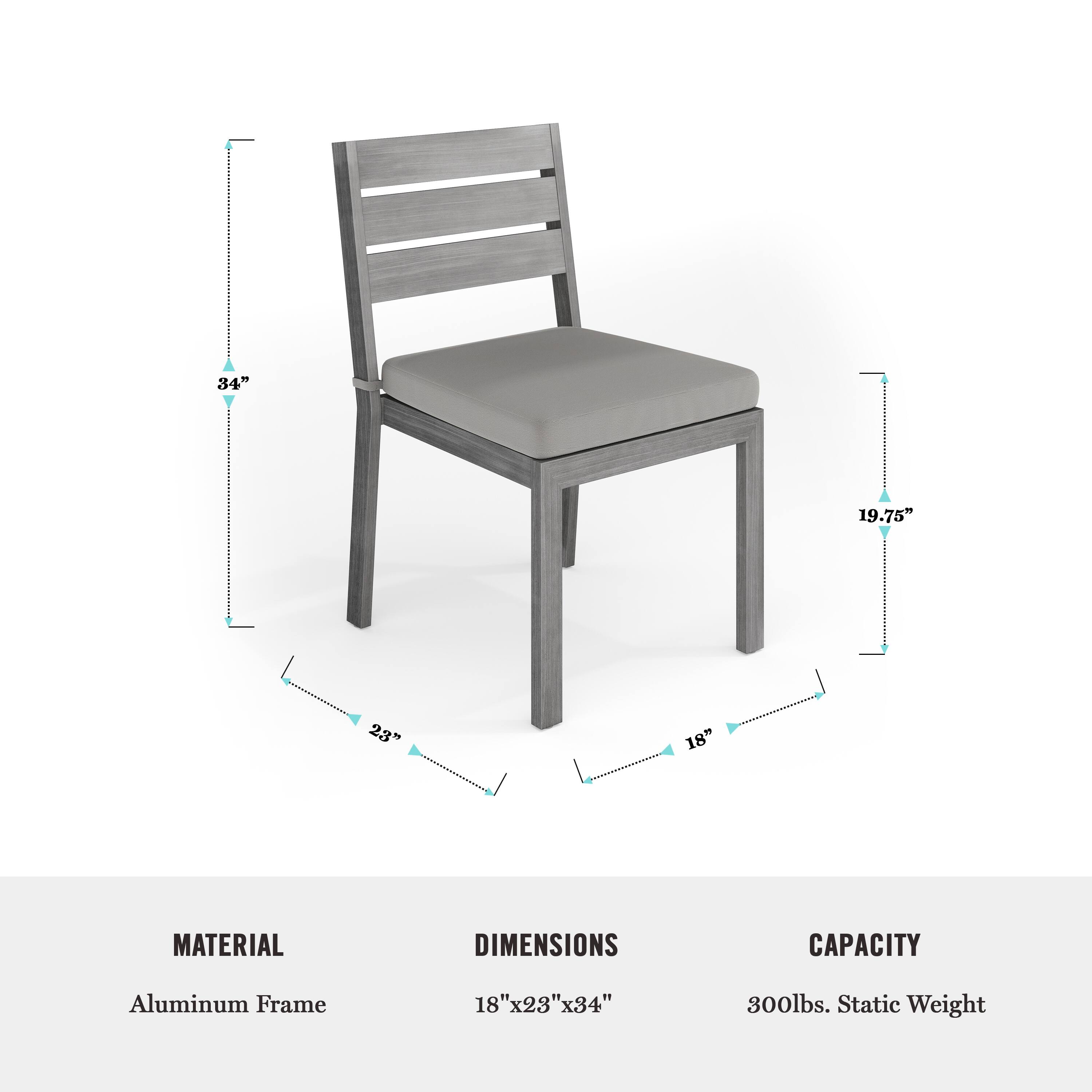 The text on the image reads:

MATERIAL: Aluminum Frame
DIMENSIONS: 18" x 23" x 34"
CAPACITY: 300lbs. Static Weight