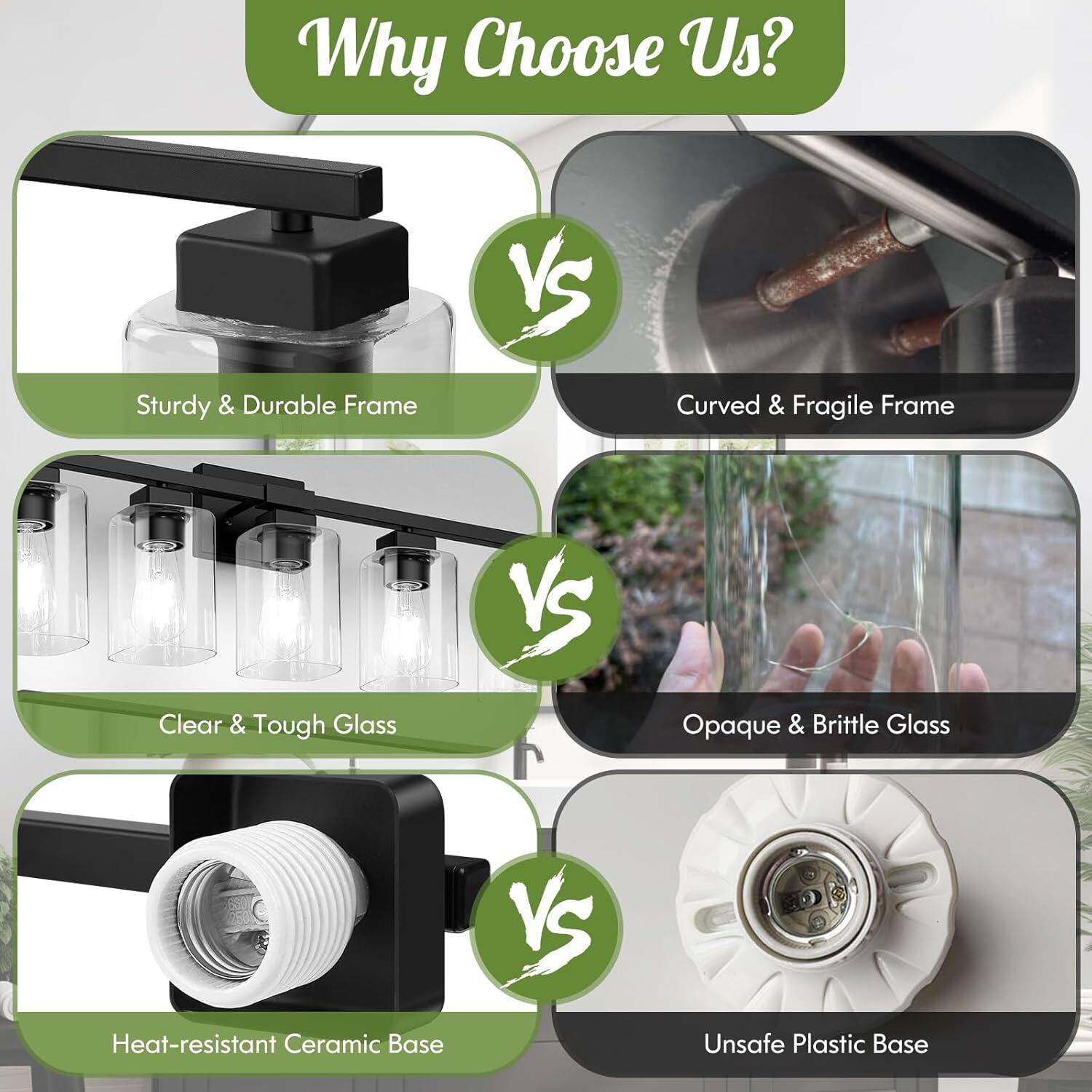Why Choose Us?

- Sturdy & Durable Frame VS Curved & Fragile Frame
- Clear & Tough Glass VS Opaque & Brittle Glass
- Heat-resistant Ceramic Base VS Unsafe Plastic Base
