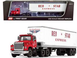 First Gear - Ford LT-9000 Day Cab with Vintage 40' Dry Goods Tandem-Axle Trailer Red Star Express 1/64 - Red and White