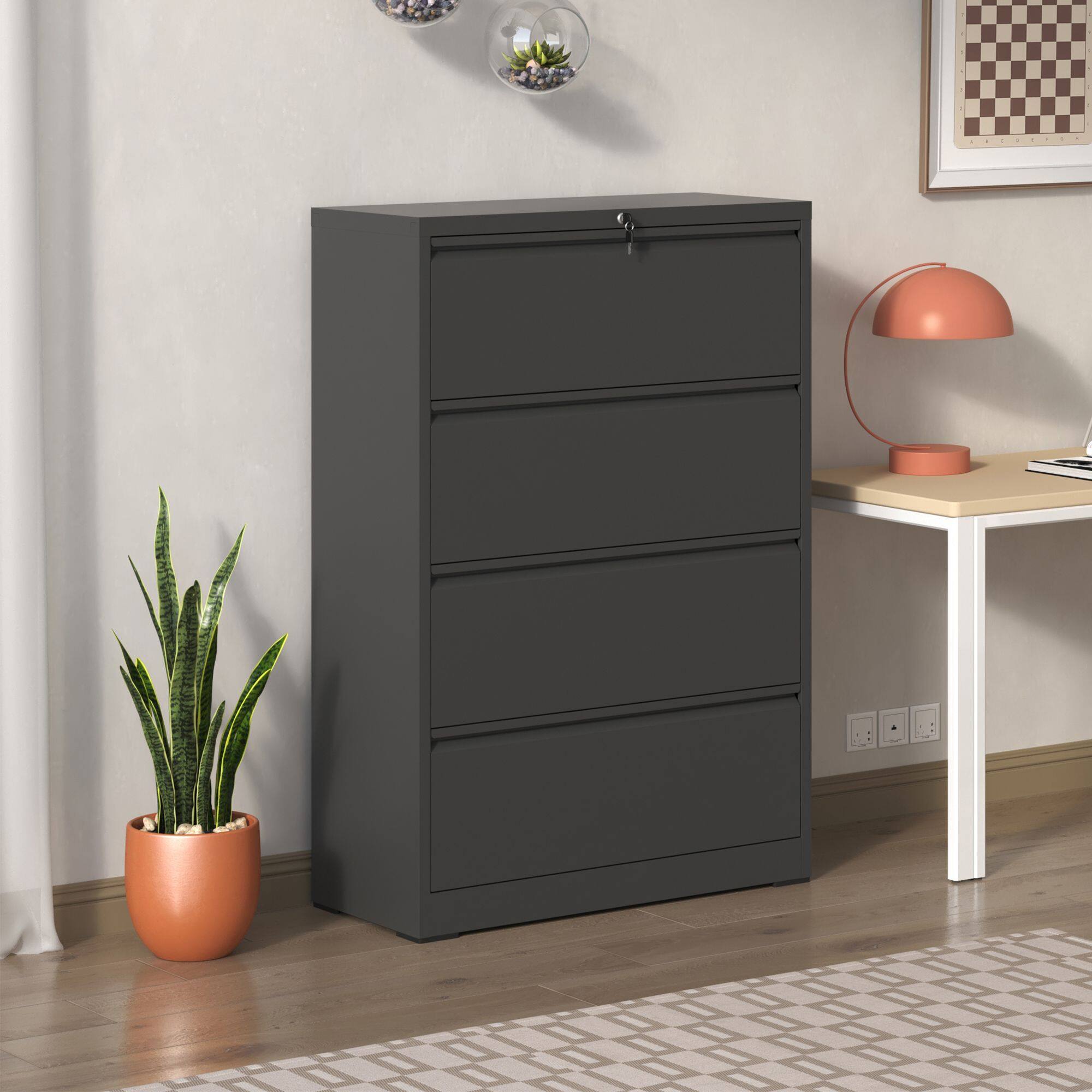 Angle. Mirfee - 4-Drawer Lateral File Cabinet with Lock, for Legal/Letter/A4/F4 Files - Black.