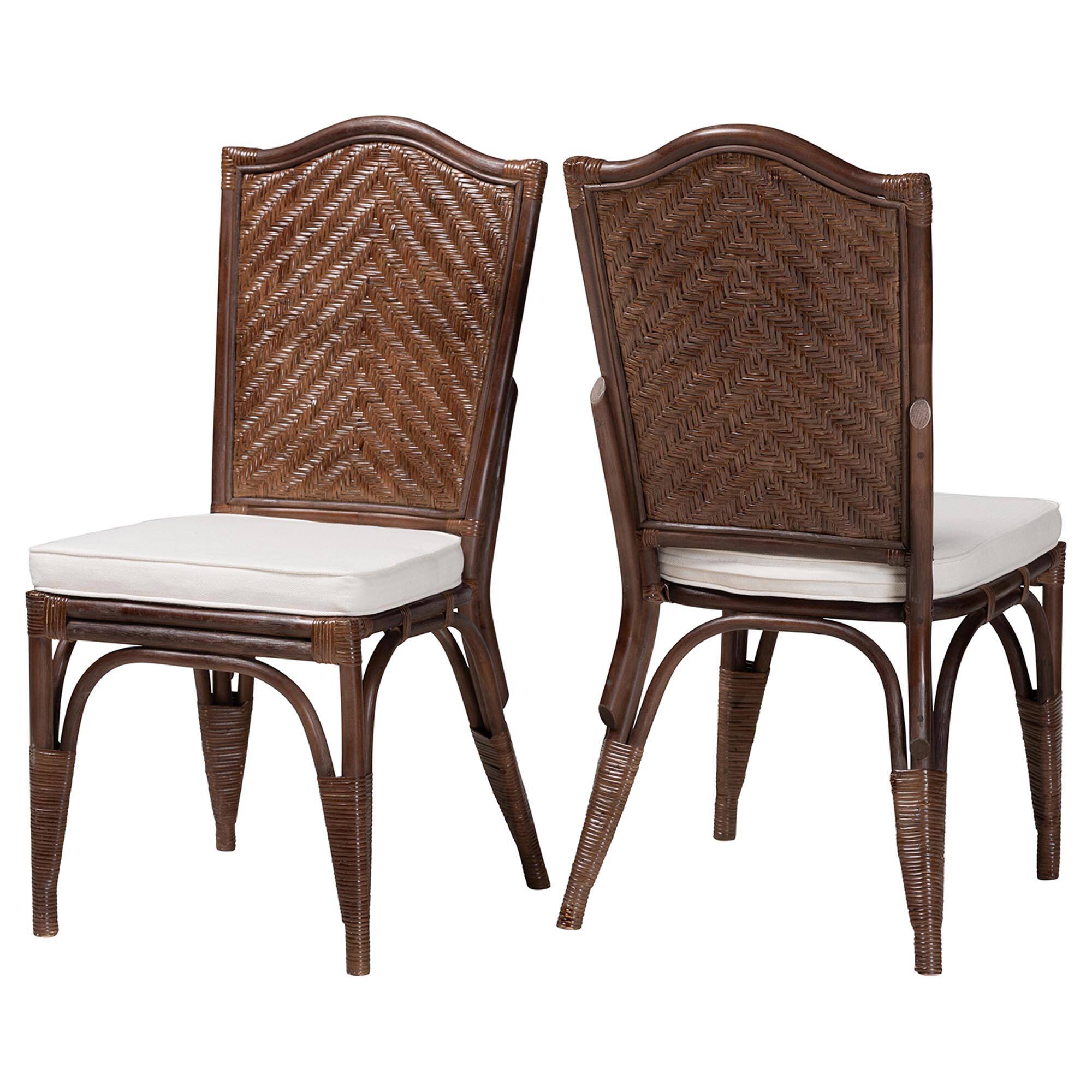 Front. bali & pari - Mahdis Natural Rattan 2-Piece Dining Chair Set with Cushion - Handwoven Wicker Accent Chair with Woven Chevron Back - Coffee Bean.