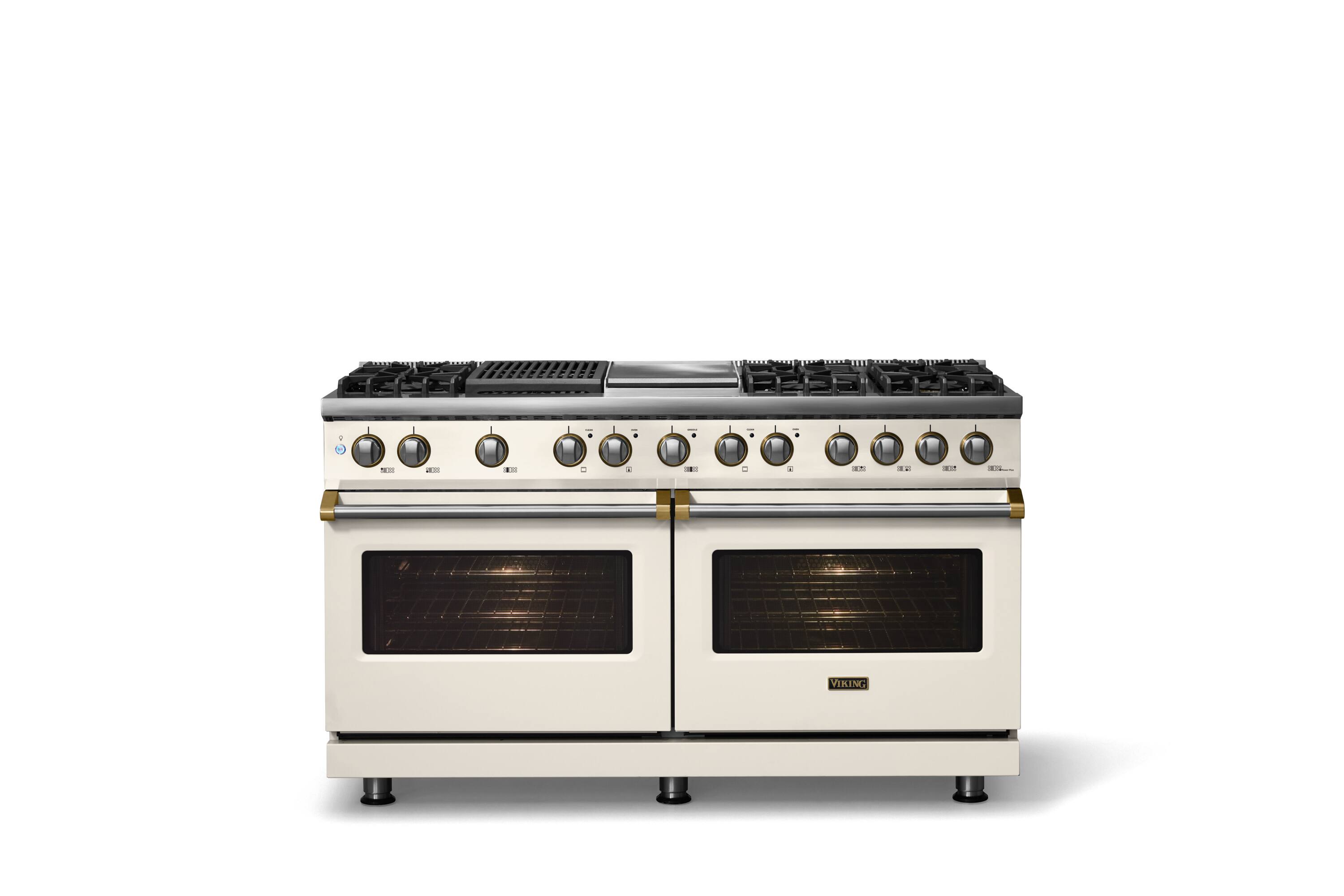 Alt View 1. Viking - 60 in. Wide 8 Burner Pro 5 Series 9.4 Cu. Ft. Freestanding Sealed Dual Fuel Convection Range with Brushed Brass Trim - Pure White.