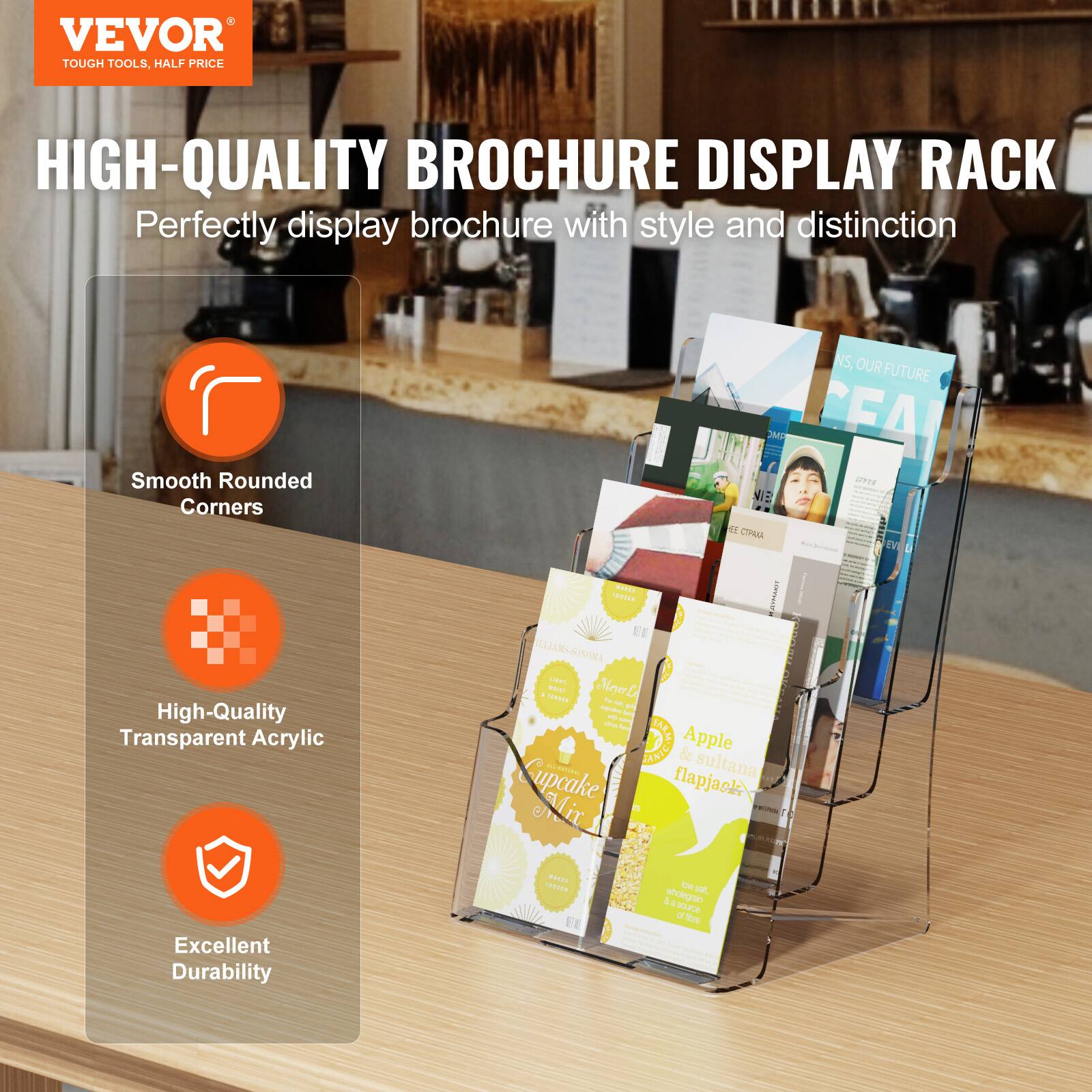VEVOR  
TOUGH TOOLS, HALF PRICE

HIGH-QUALITY BROCHURE DISPLAY RACK  
Perfectly display brochure with style and distinction

- Smooth Rounded Corners
- High-Quality Transparent Acrylic
- Excellent Durability

Apple & Sultan Cupcake