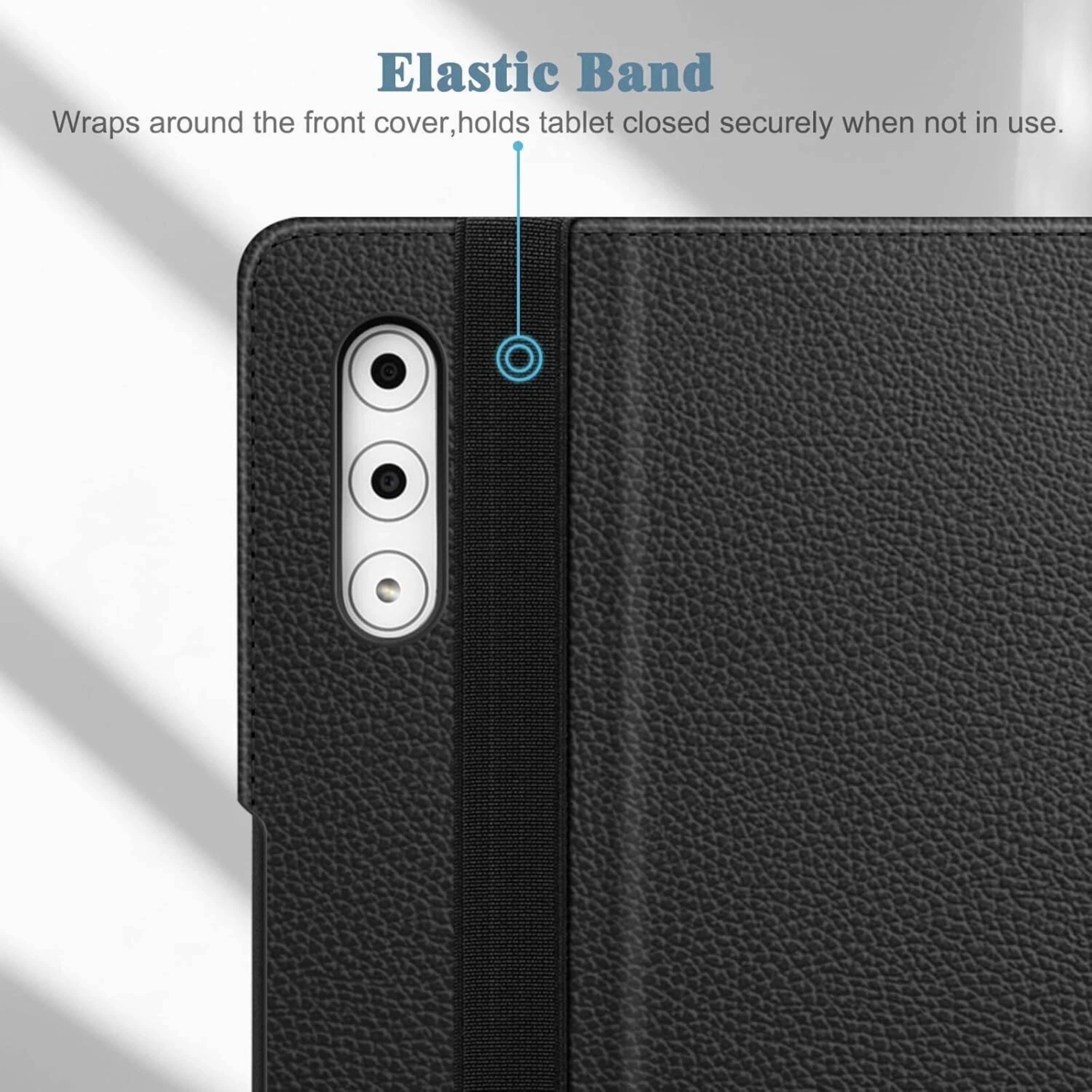 Elastic Band Wraps around the front cover, holds tablet closed securely when not in use.