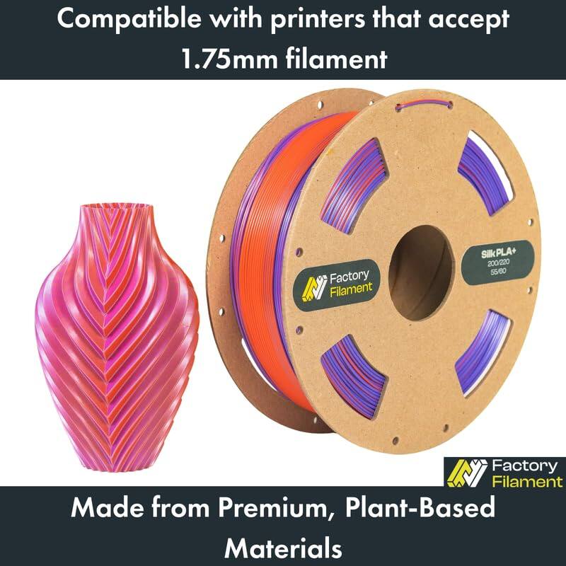 Compatible with printers that accept 1.75mm filament

Factory Filament d SilkPLA+ 200/220 55/60

Made from Premium, Plant-Based Materials