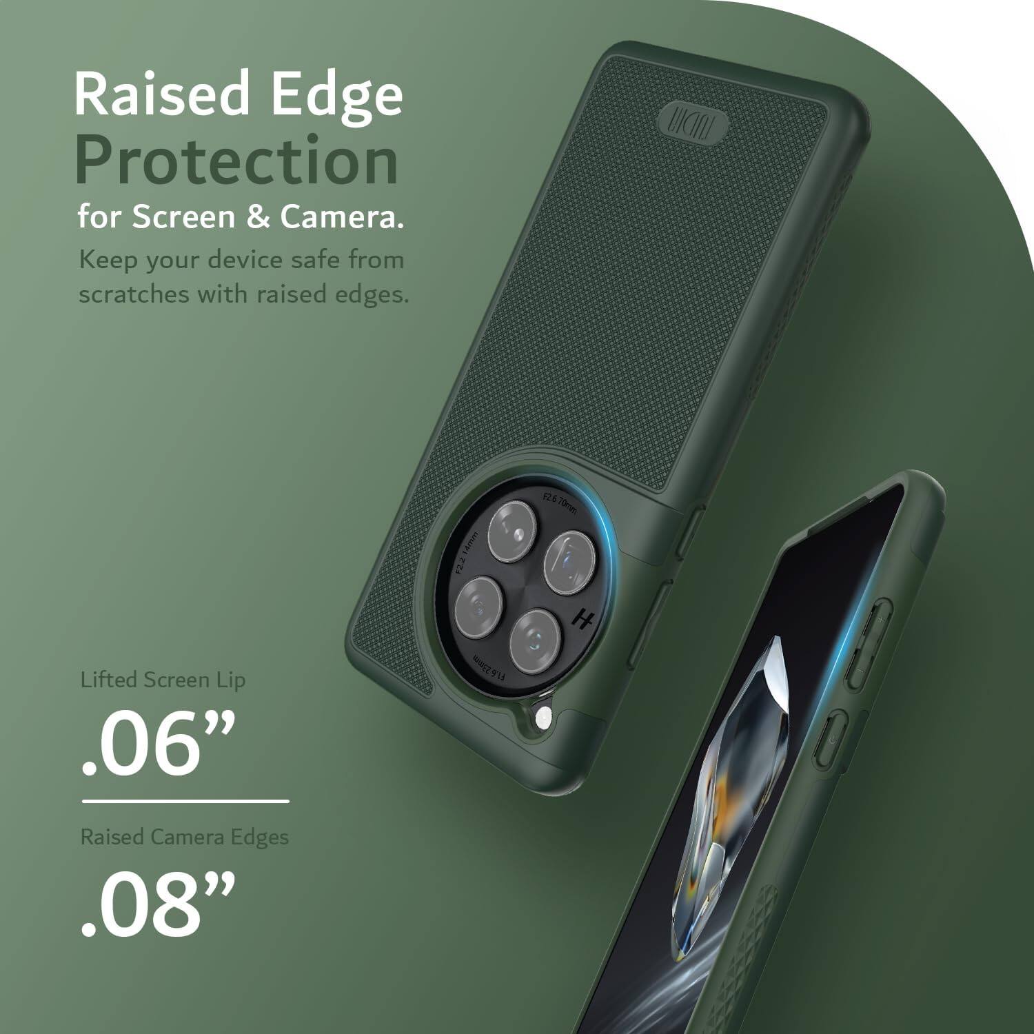 Raised Edge Protection for Screen & Camera.  
Keep your device safe from scratches with raised edges.  

Lifted Screen Lip .06"  
Raised Camera Edges .08"