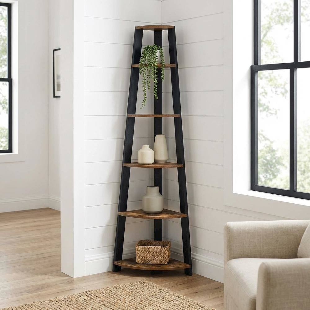 Alt View 1. FurniFact - Contemporary Barnwood - Black 5-Tier Corner Bookshelf with Particle Board Design - Barnwood.