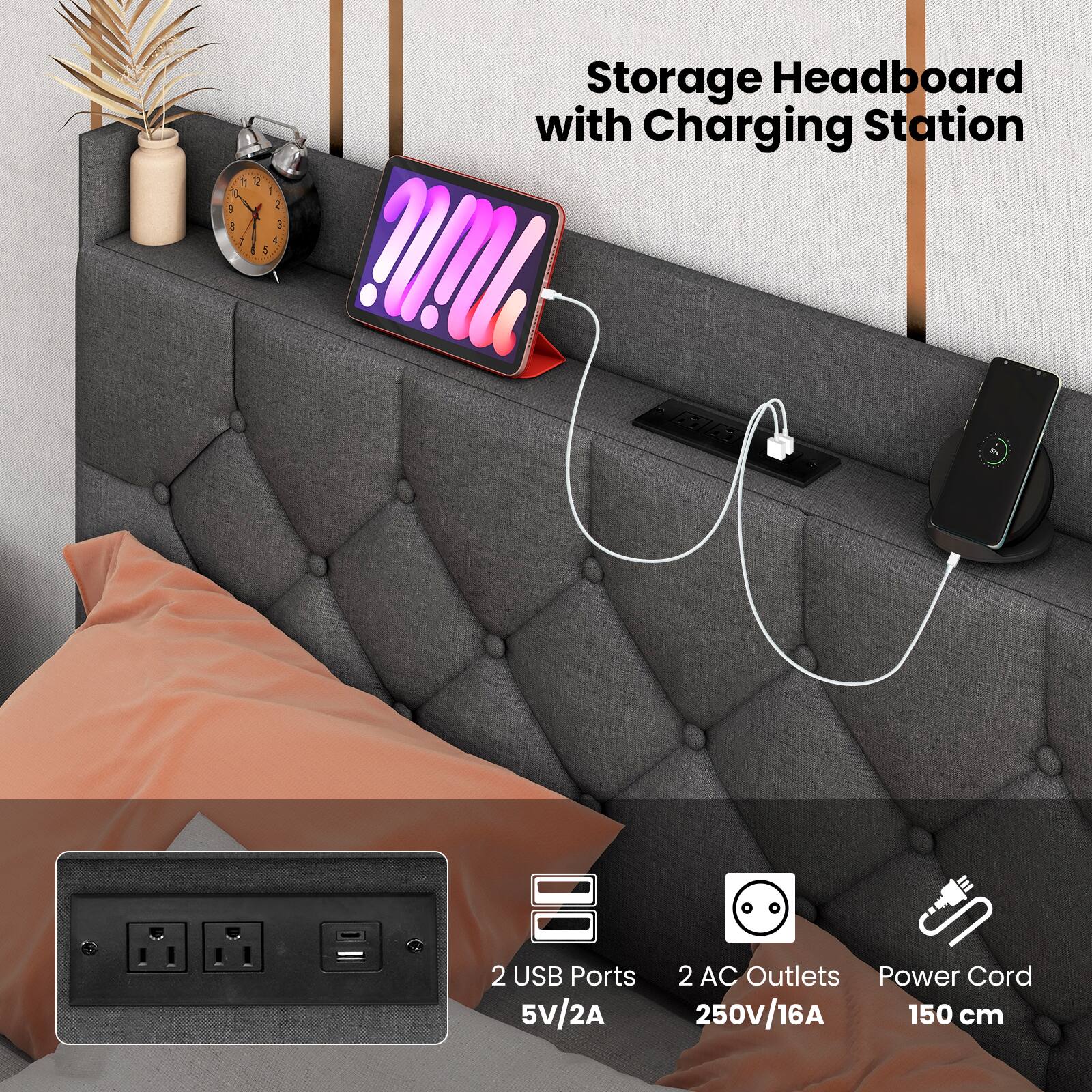 Storage Headboard with Charging Station

- 2 USB Ports 5V/2A
- 2 AC Outlets 250V/16A
- Power Cord 150 cm
