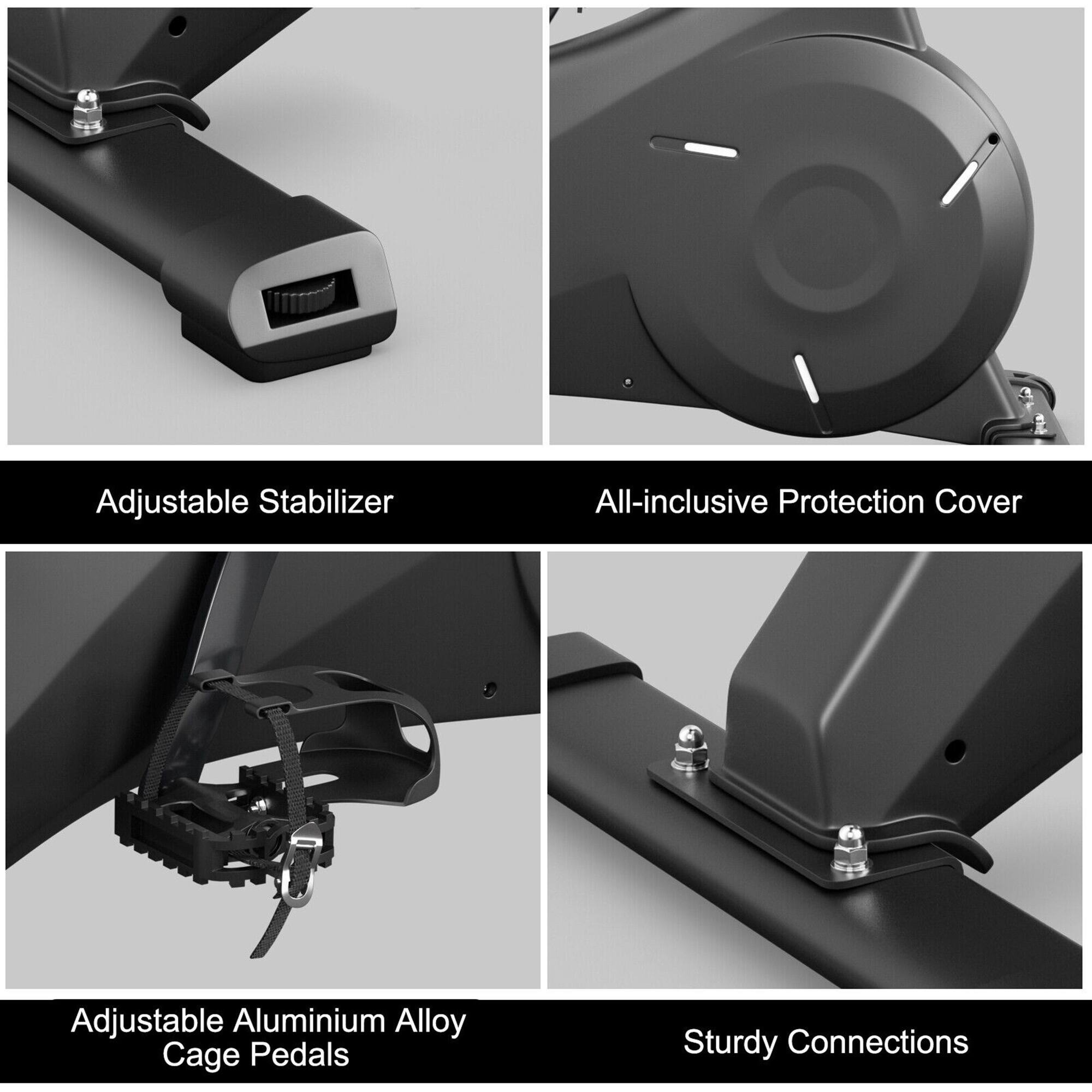 The image shows a product that has four different features, including an adjustable stabilizer, an all-inclusive protection cover, adjustable aluminum alloy cage pedals, and sturdy connections.