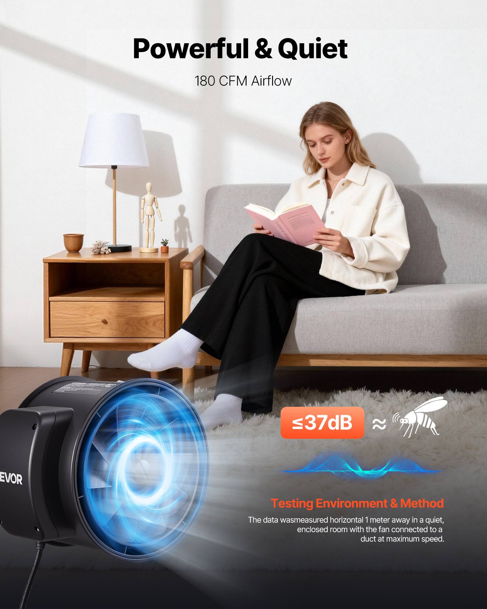 Powerful & Quiet  
180 CFM Airflow  
≤37dB  

Testing Environment & Method  
The data was measured horizontally 1 meter away in a quiet, enclosed room with the fan connected to a duct at maximum speed.