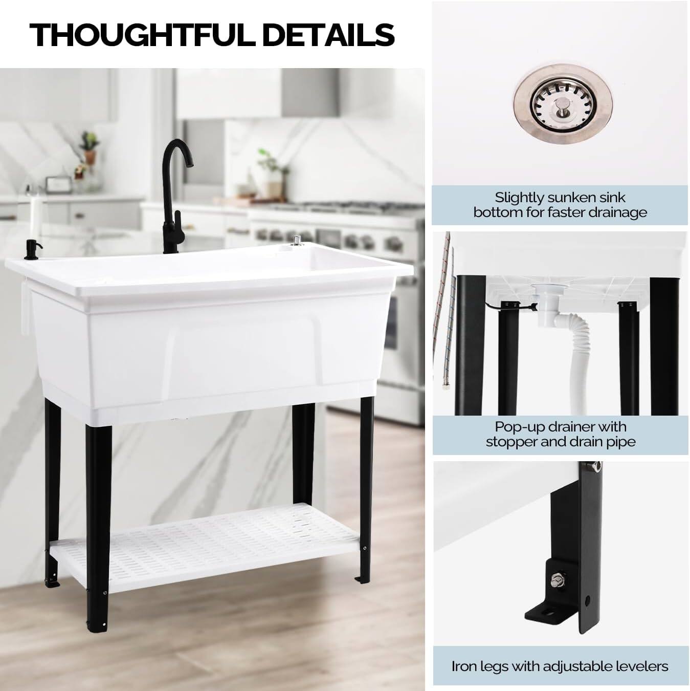 THOUGHTFUL DETAILS

- Slightly sunken sink bottom for faster drainage
- Pop-up drainer with stopper and drain pipe
- Iron legs with adjustable levelers