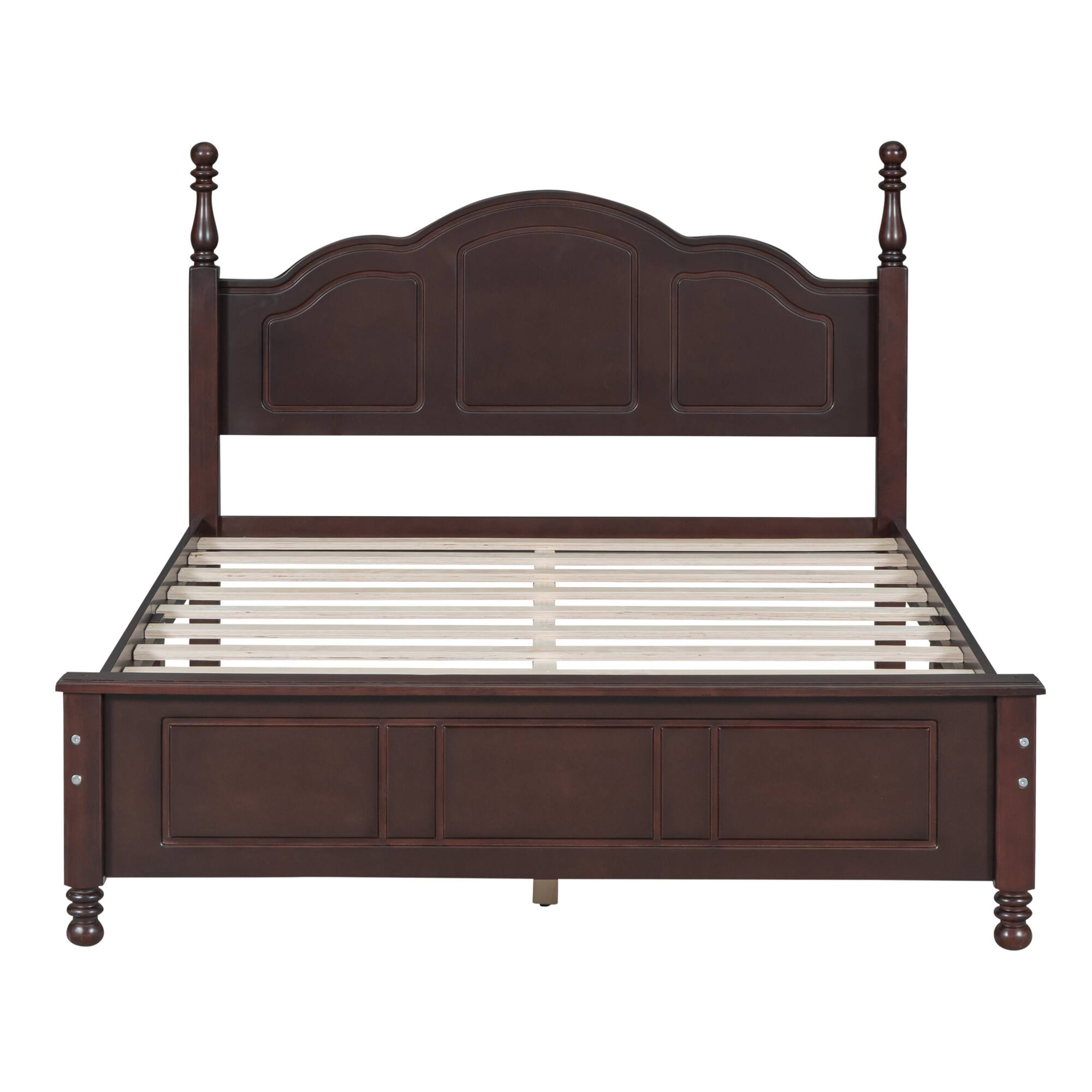 Left. GOODSILO - Full Size Wood Platform Bed Frame with Wooden Slat Support, Retro Style Headboard for Enhanced Bedroom Aesthetics - Walnut.