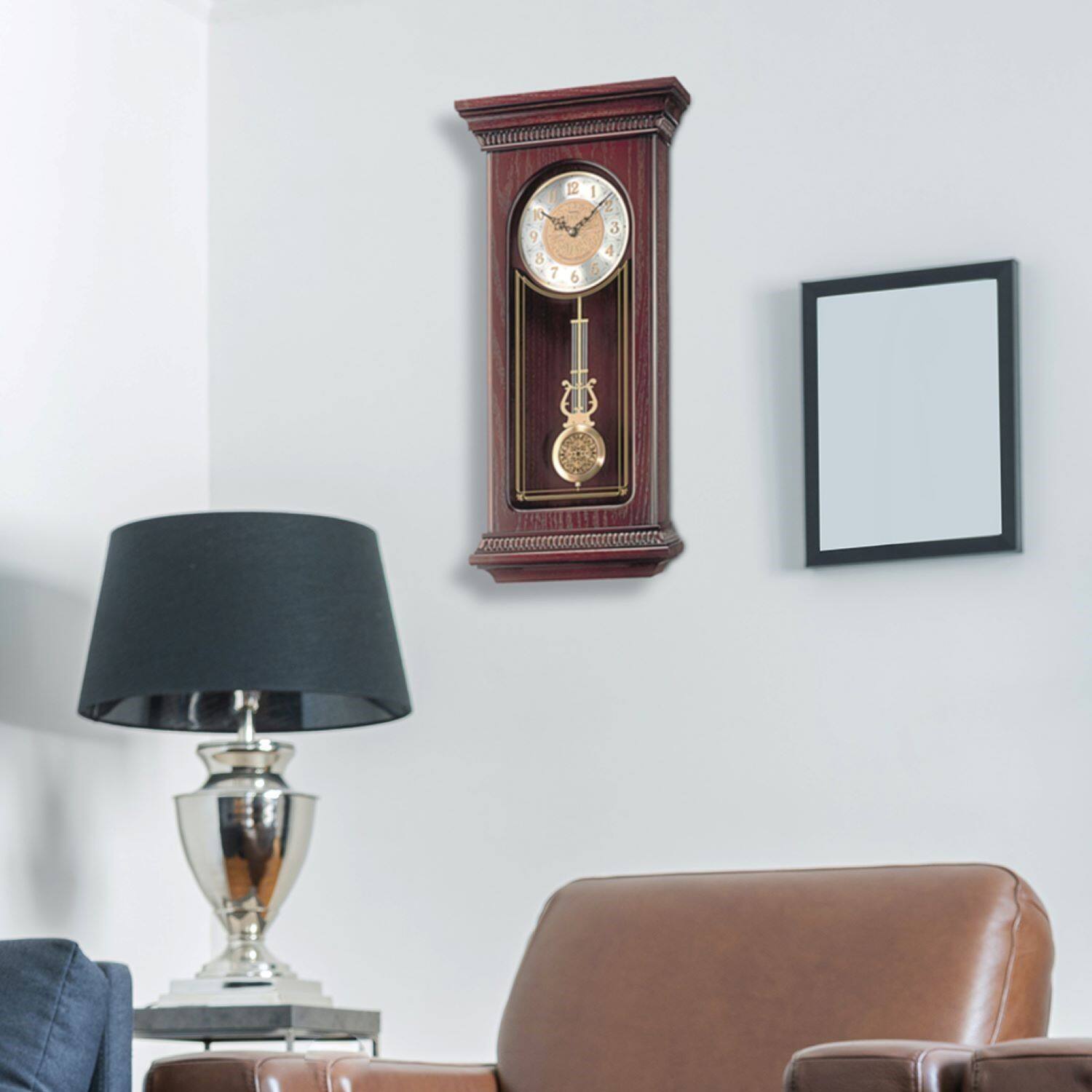 Back. Seiko - Seiko Mahogany Wall Clock with Pendulum and Chime - Dark Brown.
