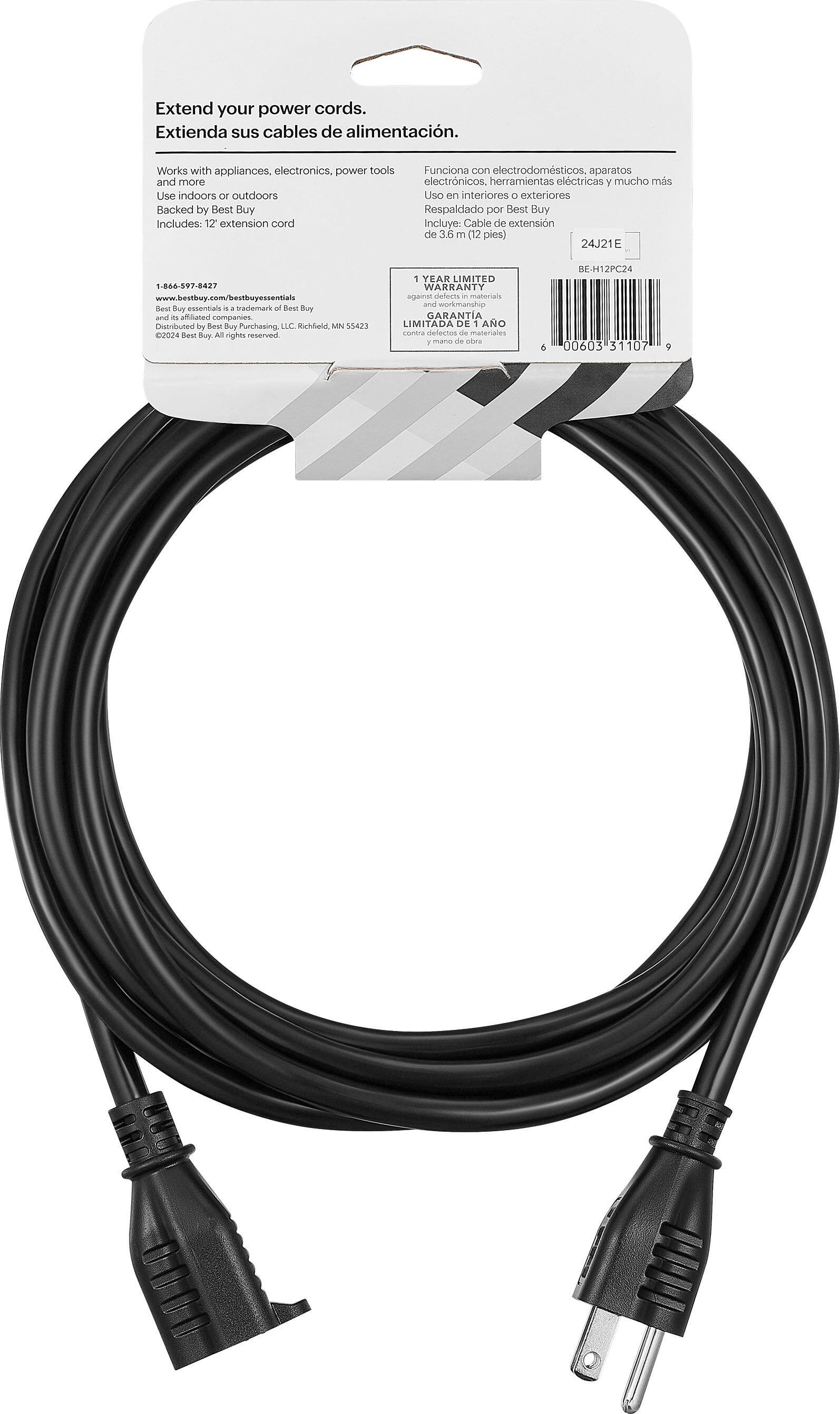Extend your power cords. Extienda sus cables de alimentacin. Works with appliances, electronics, power tools and more. Use indoors and outdoors. Backed by Best Buy. Includes: 12-foot extension cord. Funciona con electrodomesticos, aparatos electrnicos, herramientas elctricas y mucho ms. Uso  interiores a exteriores. Respaidado por Best Buy. Incluye: Cable de extensin de 3.6 m (12 pies). 24J21 E 1-866-597-8427 [www.bestbuy.com/bestbuyessentials](http://www.bestbuy.com/bestbuyessentials). Best Buy essentials - trademark of Best Buy and its affiliated companies. Distributed by Best Buy Purchasing, LLC. Richfield, MN. 1 YEAR AR LIMITED WARRANTY. Garantia limitada de 1 ao curina derlecton de materiales y workmanship. BE-H12PC24 00603 31107 9.
